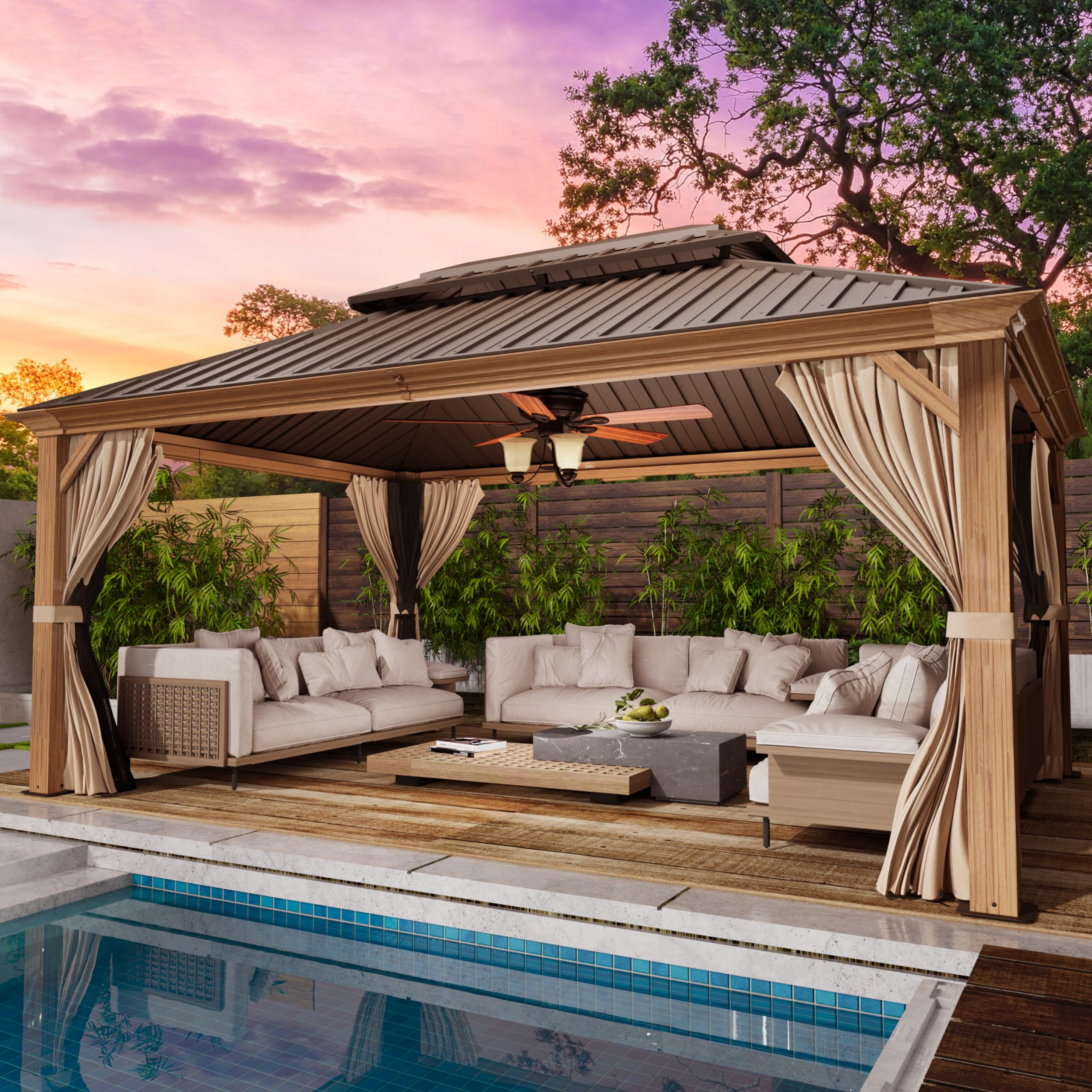 Yoleny 12' X 16' Gazebo, Hardtop Wood-Looking Gazebo With Galvanized Steel Double Roof, Aluminum Frame With Netting And Curtains