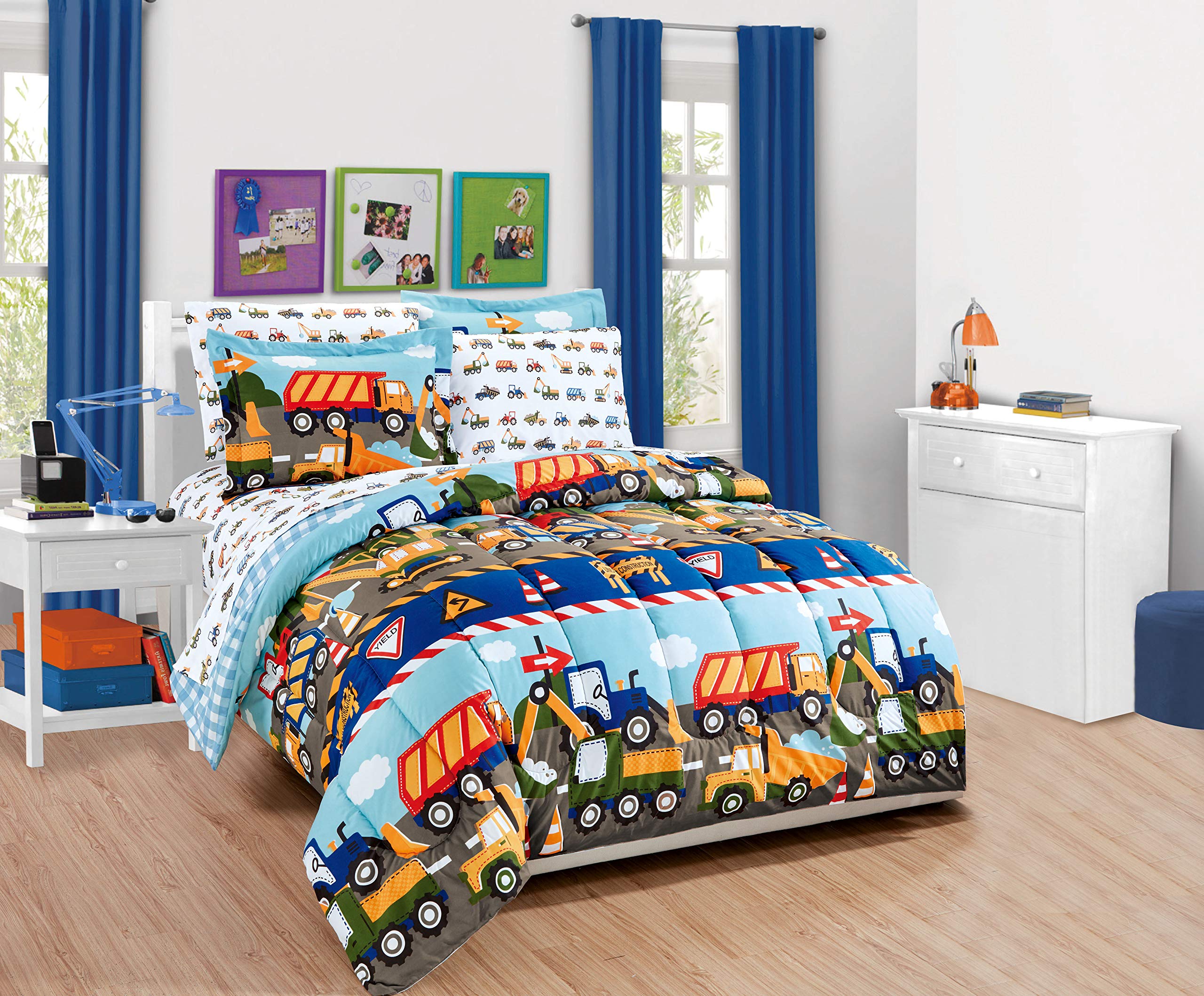 Mk Home Mk Home 7Pc Comforter Set Teens/Boys Construction Trucks Tractors Blue Red Yellow