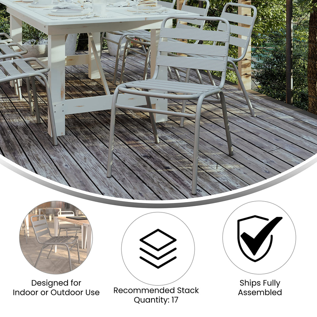 Flash Furniture Lila Commercial Silver Indoor-Outdoor Restaurant Stack Chair with Triple Slat Back