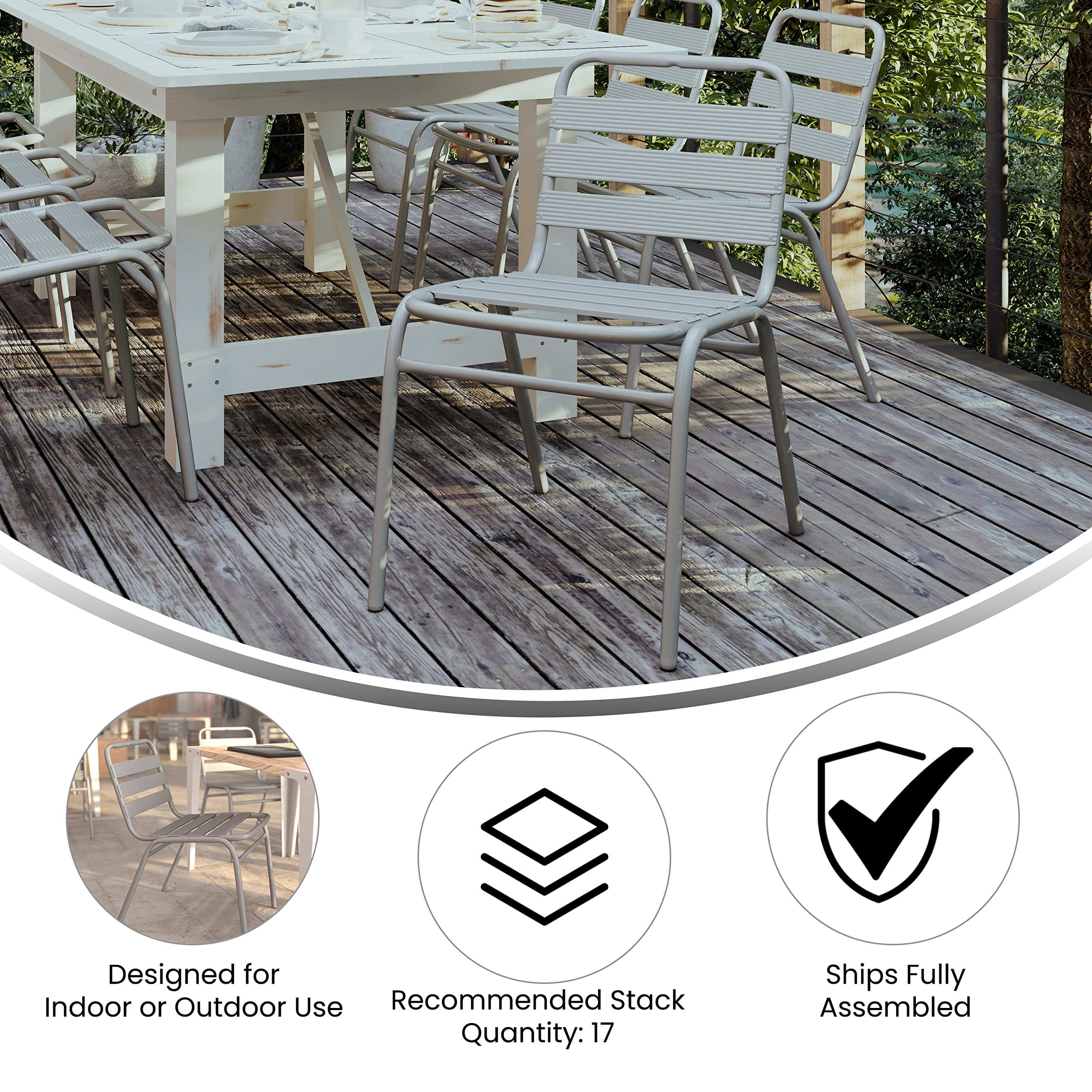 Flash Furniture Lila Commercial Silver Indoor-Outdoor Restaurant Stack Chair with Triple Slat Back