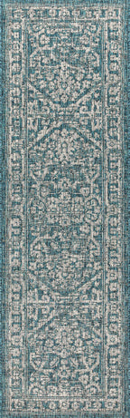 Jonathan Y Smb104B-28 Malta Bohemian Medallion Textured Weave Indoor Outdoor Area Rug, Coastal, Traditional, Transitional Easy Cleaning,Bedroom,Kitchen,Backyard,Patio,Non Shedding, Teal/Gray, 2 X 8