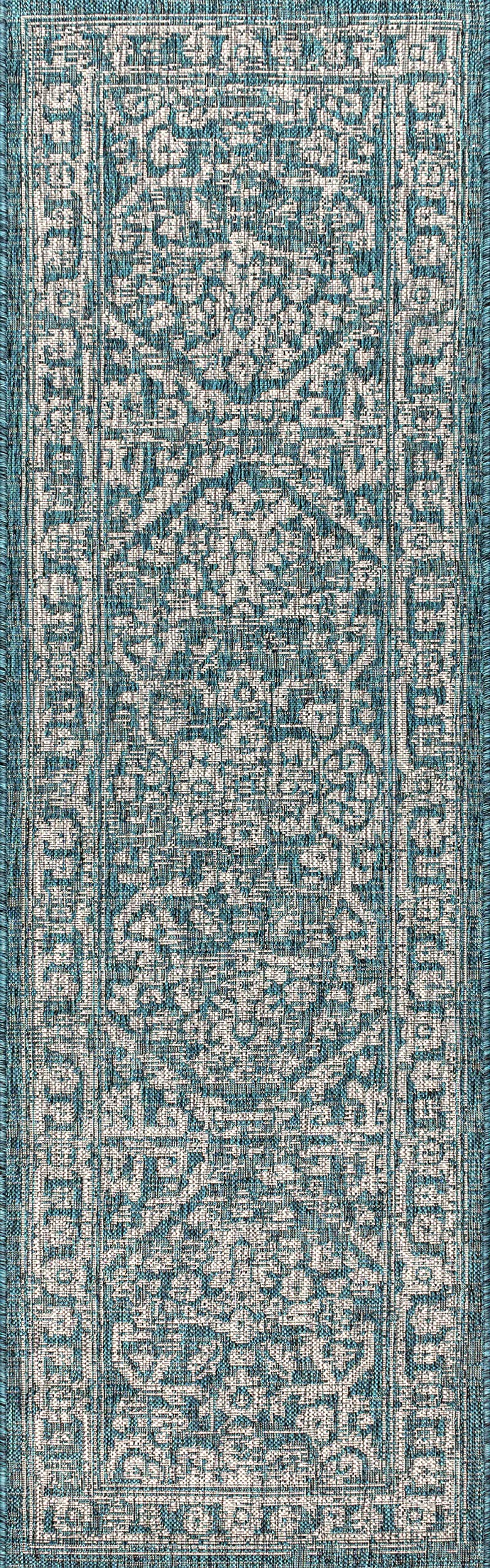 Jonathan Y Smb104B-28 Malta Bohemian Medallion Textured Weave Indoor Outdoor Area Rug, Coastal, Traditional, Transitional Easy Cleaning,Bedroom,Kitchen,Backyard,Patio,Non Shedding, Teal/Gray, 2 X 8