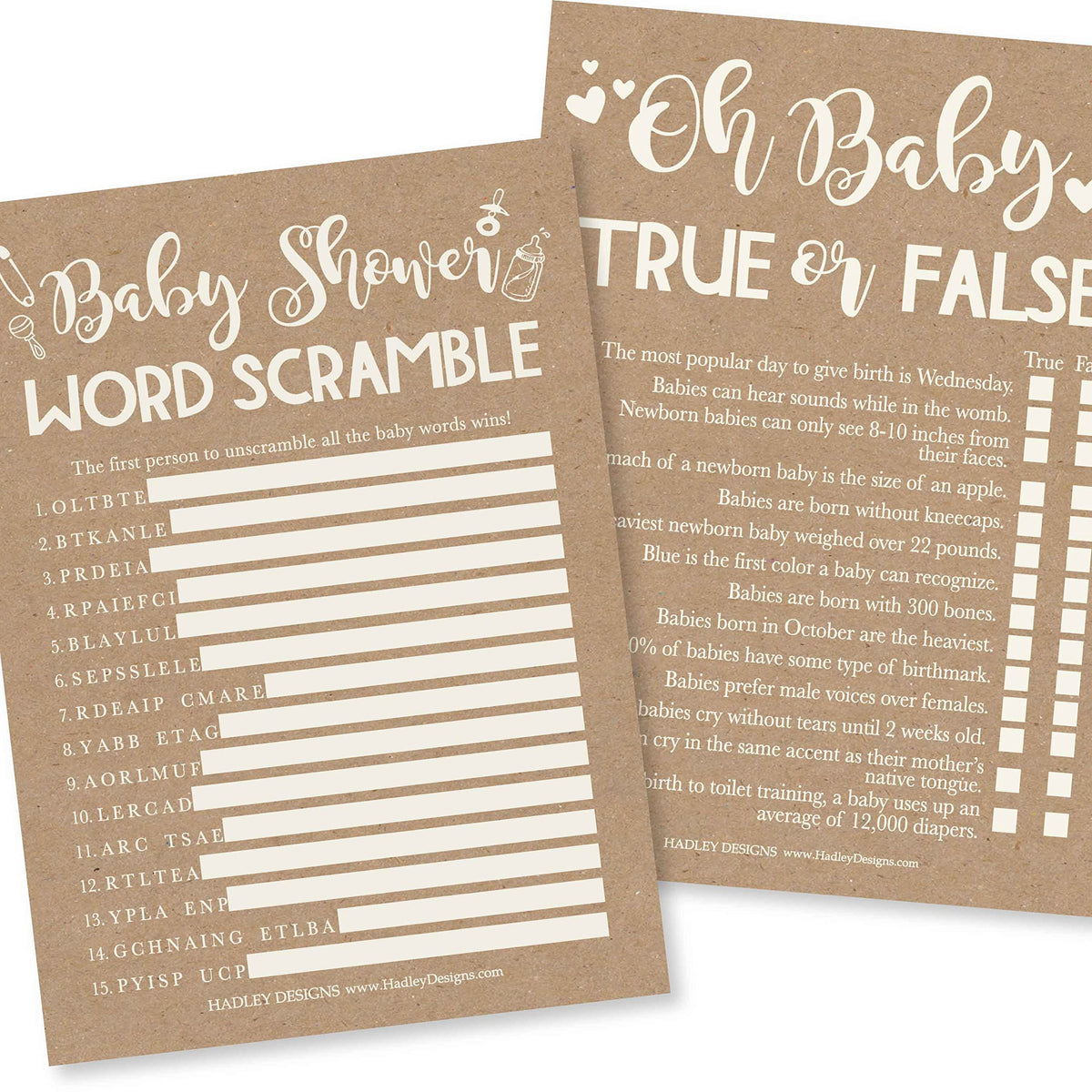 Hadley Designs Rustic Baby Shower Games Gender Neutral, 2 Double Sided, 25 Word Scramble for Baby Shower, 25 True Or False Baby 
