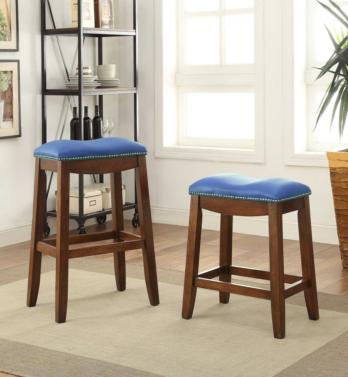 HomeRoots Furniture Blue PU and Oak Bar Stool (Set of 2), Multicolor