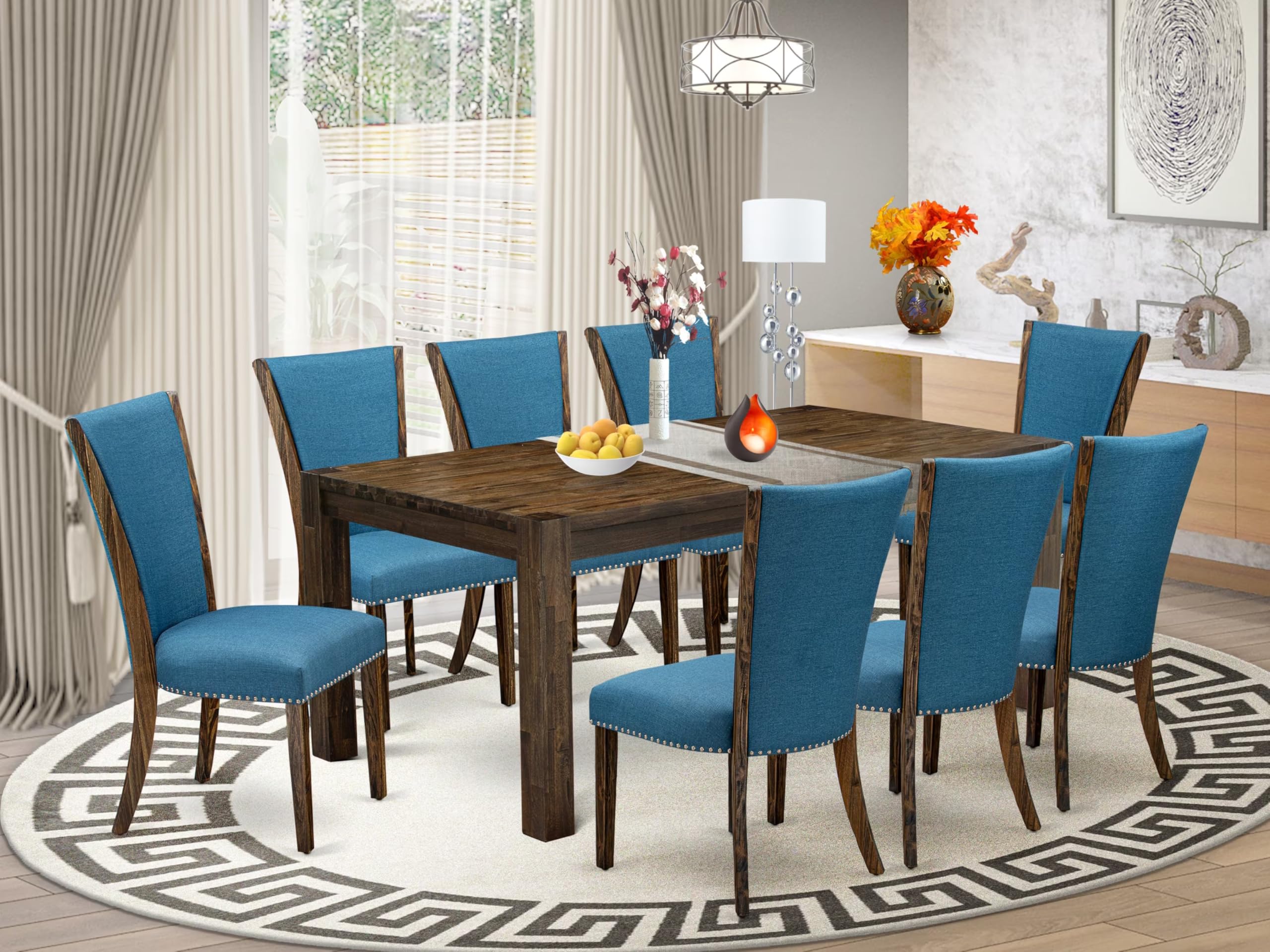 East West Furniture Lmve9-77-21 9 Piece Dining Set Includes A Rectangle Rustic Wood Dining Room Table And 8 Blue Color Linen Fabric Upholstered Parson Chairs, 40X72 Inch, Jacobean