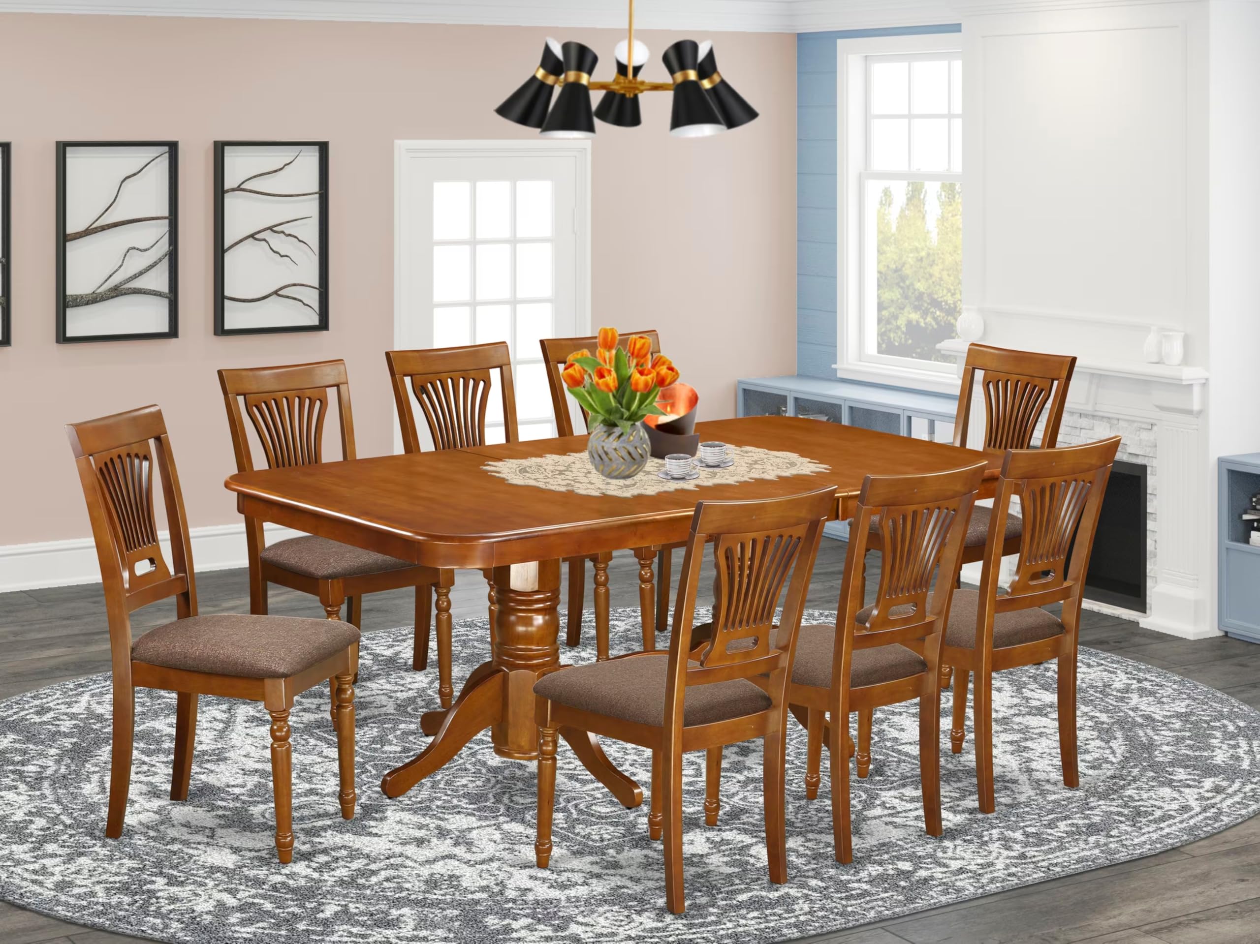 East West Furniture NAPL9-SBR-C 9 Piece Kitchen Table Set Includes a Rectangle Dining Table with Butterfly Leaf and 8 Linen Fabric Upholstered Dining Chairs, 40x78 Inch, Saddle Brown