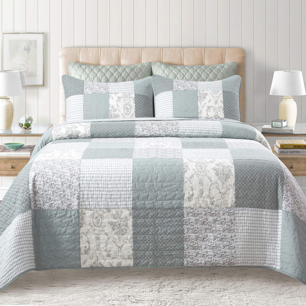 Soul & Lane Memory Lane 3-Piece Cotton Quilt Set - Queen Size With 2 Shams, Sage Green Patchwork Quilted Comforter, Lightweight