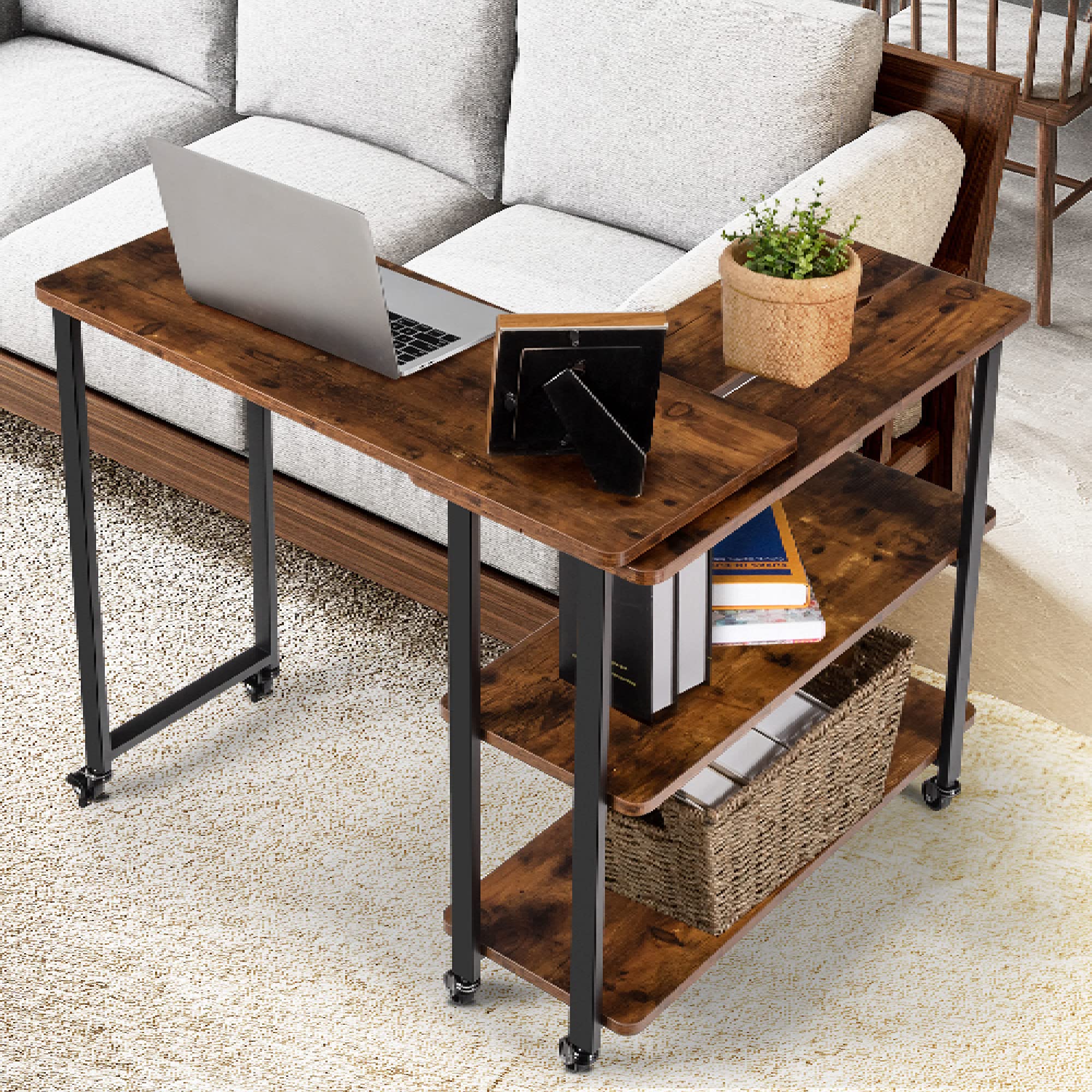 Tangkula 360° Free Rotating Sofa Side Table, Patented Mobile Couch Desk With 2-Tier Storage Shelves, Movable Laptop Table With Sturdy Metal Frame, Couch Table Snack Table For Home Office