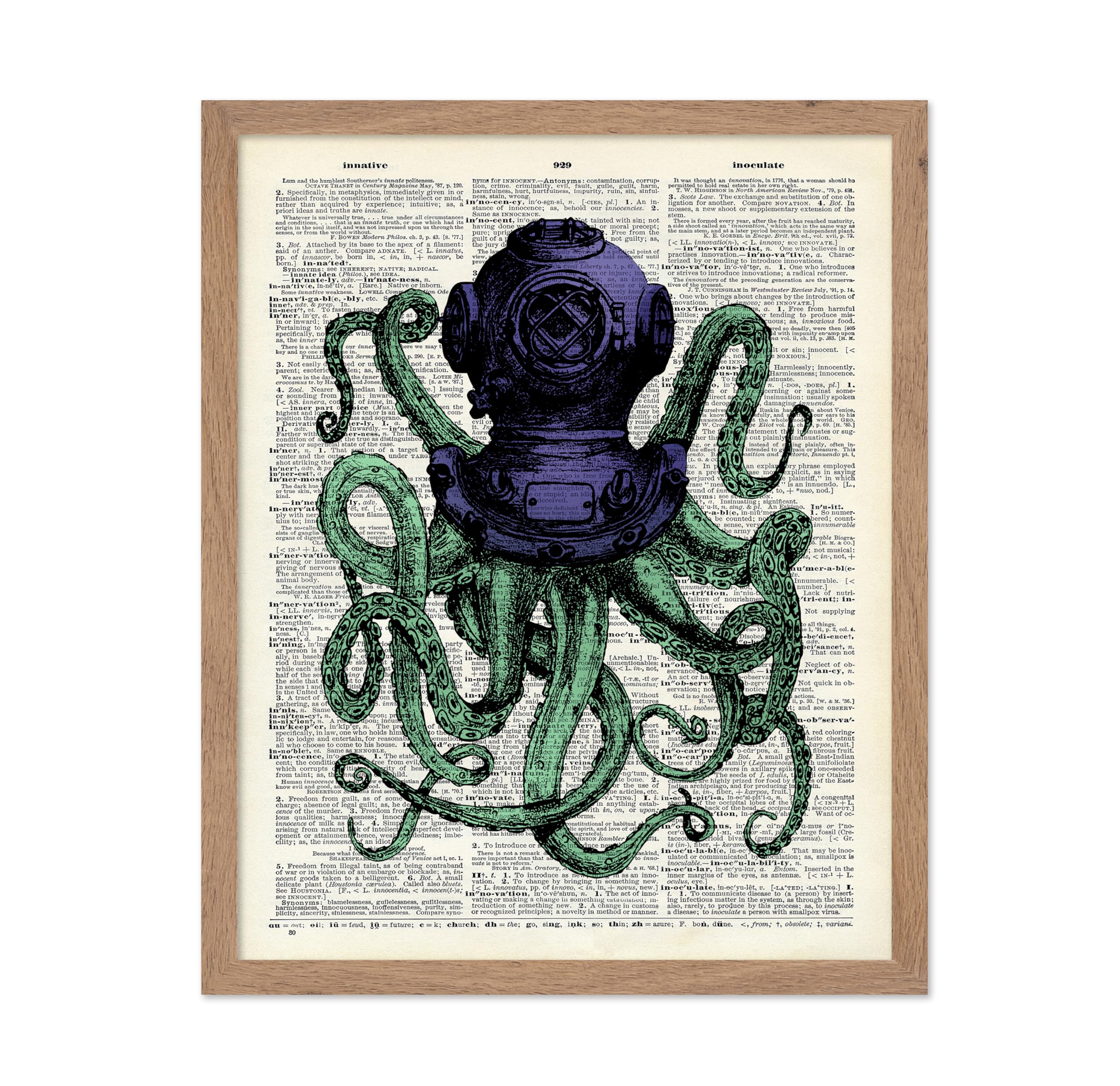 Poster Master Dictionary Art Poster - Octopus in Diving Helmet Print - Octopus Art - Kraken Art - Nautical Gift for Men, Women -