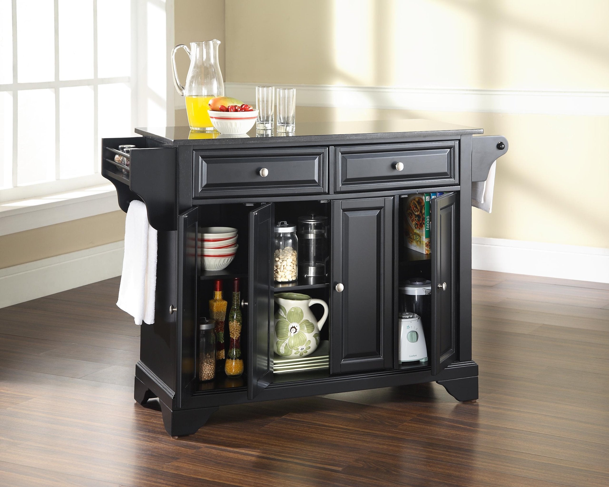 Crosley Furniture LaFayette Granite Top Rolling Kitchen Island Storage Cart, Microwave Stand, Spice Rack, Black