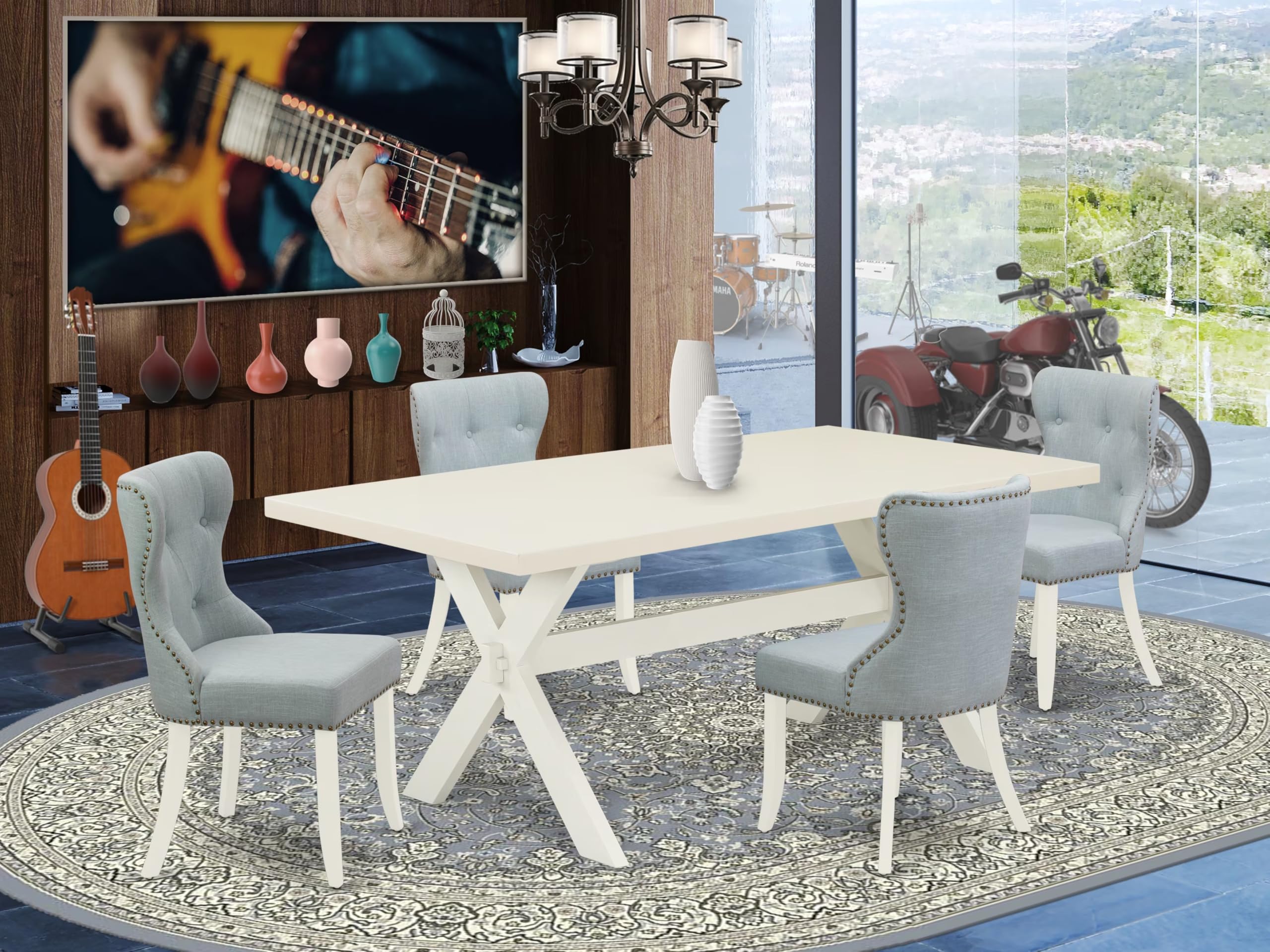East West Furniture X027Si215-5 5 Piece Dining Room Table Set Includes A Rectangle Dining Table With X-Legs And 4 Baby Blue Linen Fabric Upholstered Parson Chairs, 40X72 Inch, Multi-Color