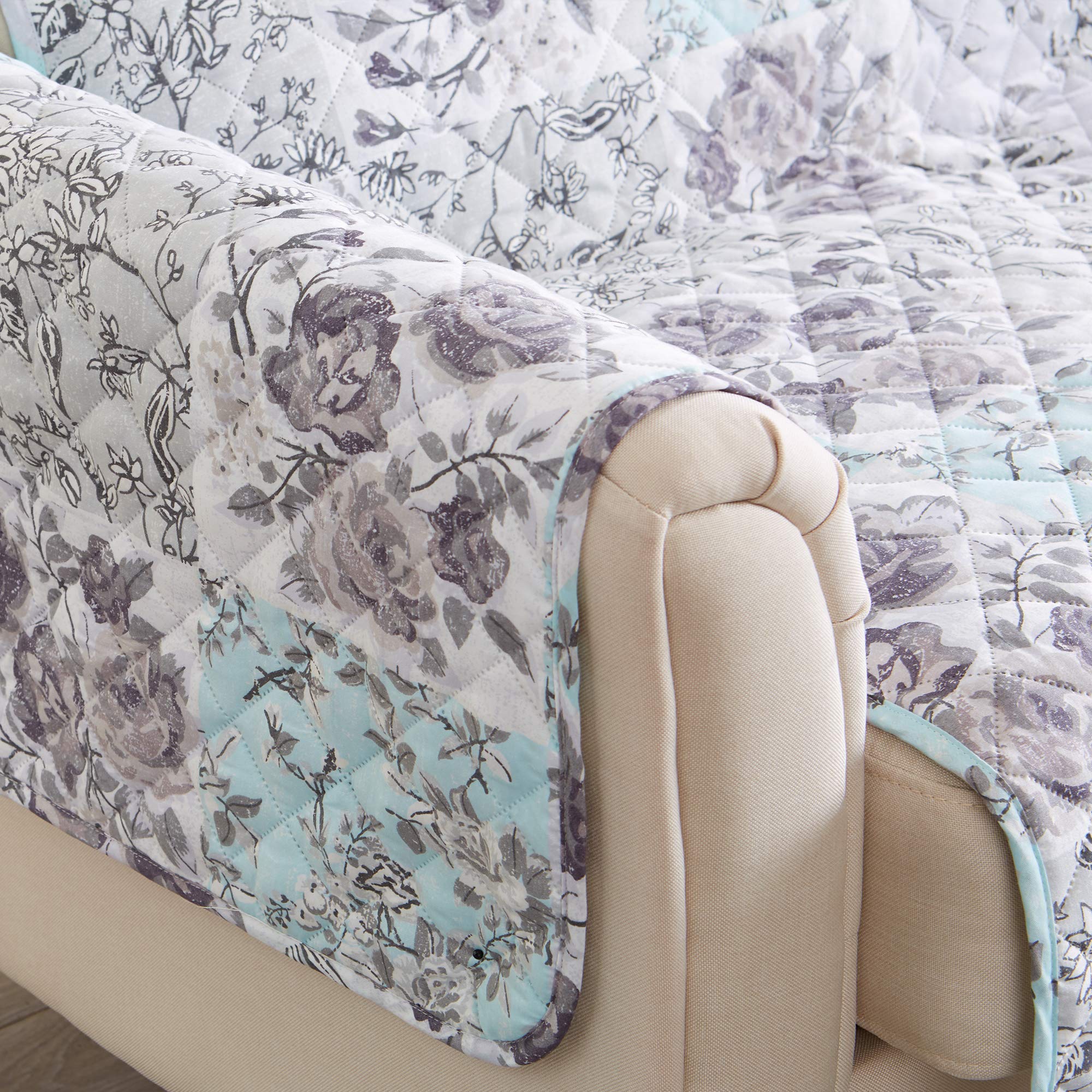 Reversible Floral Patchwork Furniture Protector Scalloped Edge Stain Resistant Printed Furniture Protector Maribel Collection (Chair, Gray/Aqua)