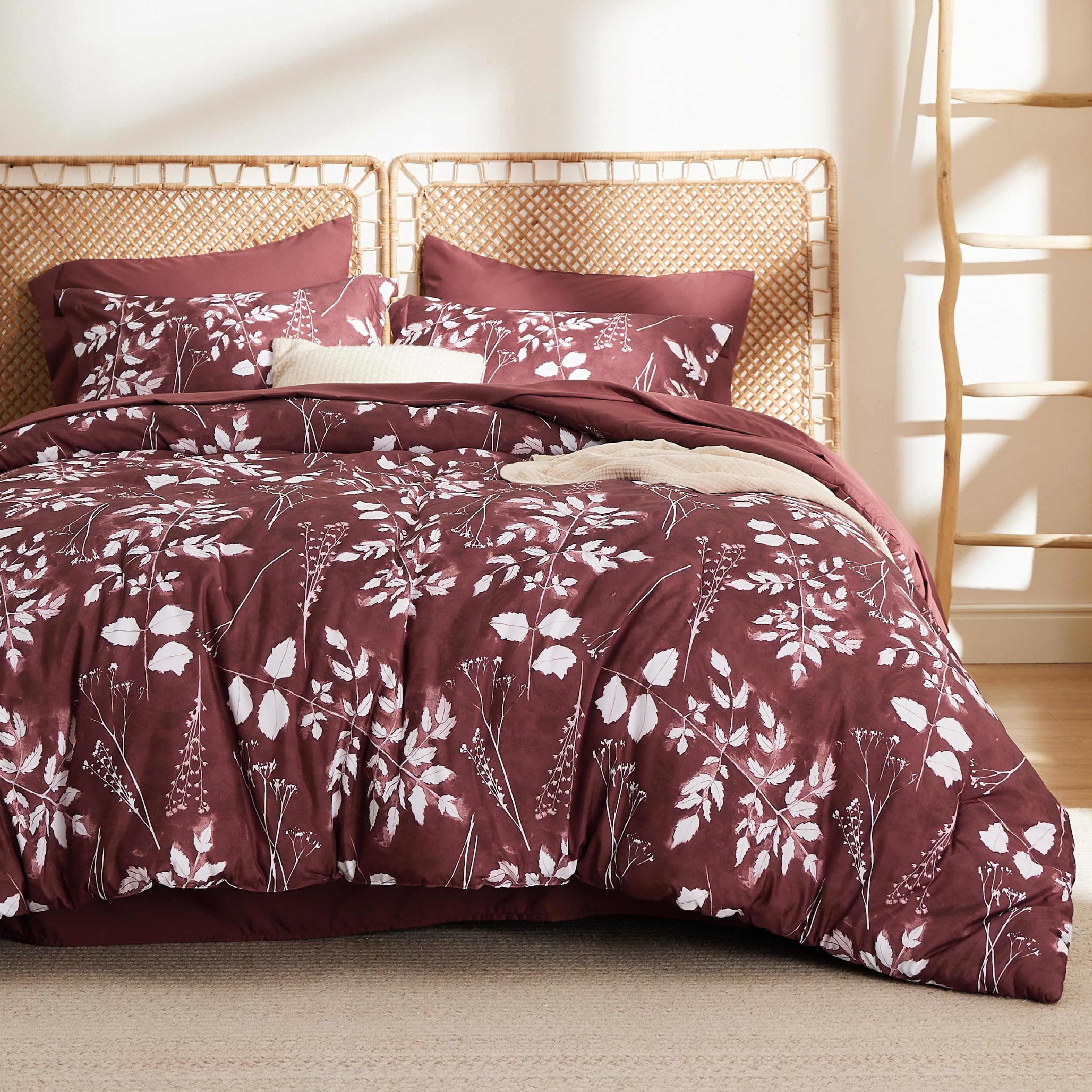 Bedsure Burgundy Full Comforter Set - 7 Pieces Floral Bedding Sets Full Bed In A Bag With Reversible Botanical Flowers Comforter, Sheets, Pillowcases & Shams