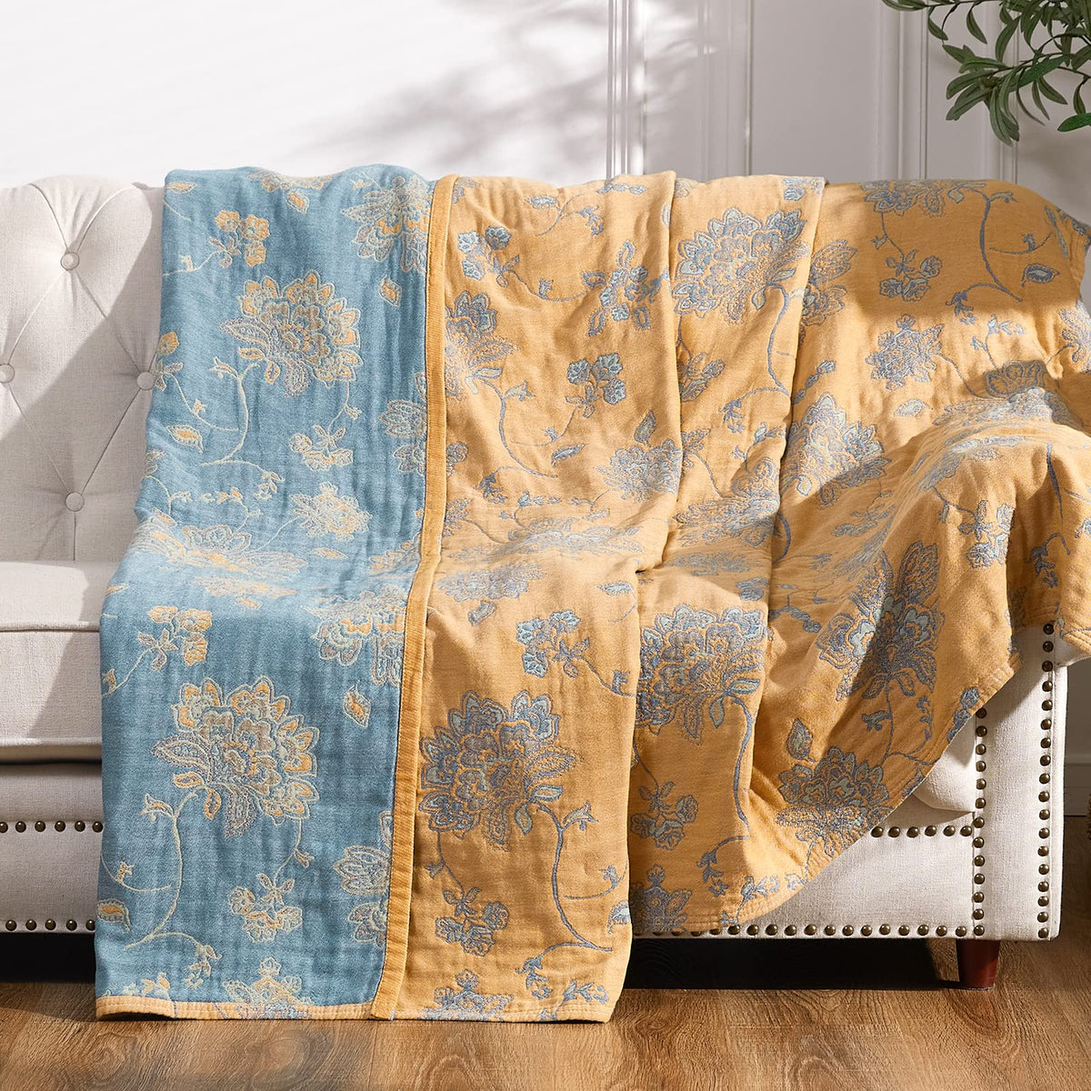 Jinchan Boho 100% Cotton Blanket Muslin Lightweight Twin Size 4-Layer Throw Blanket For Couch Soft All Season Floral Blanket Thr