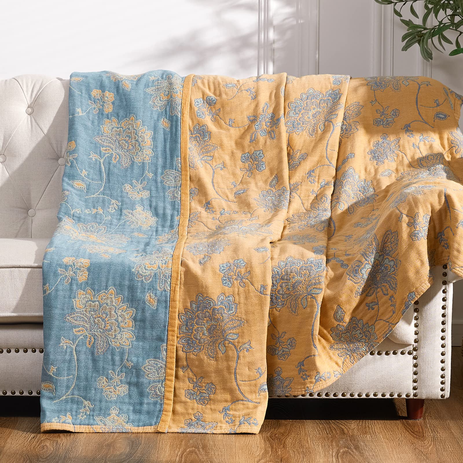 Jinchan Boho 100% Cotton Blanket Muslin Lightweight Twin Size 4-Layer Throw Blanket For Couch Soft All Season Floral Blanket Thr
