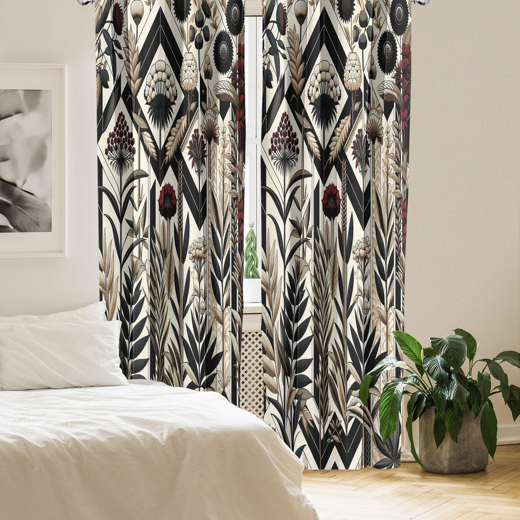 Ambesonne Leafy Art Window Curtains Pack Of 2, Modern Boho Composition Of Abstract Rhombus Detailed Leaves Flowery, Lightweight