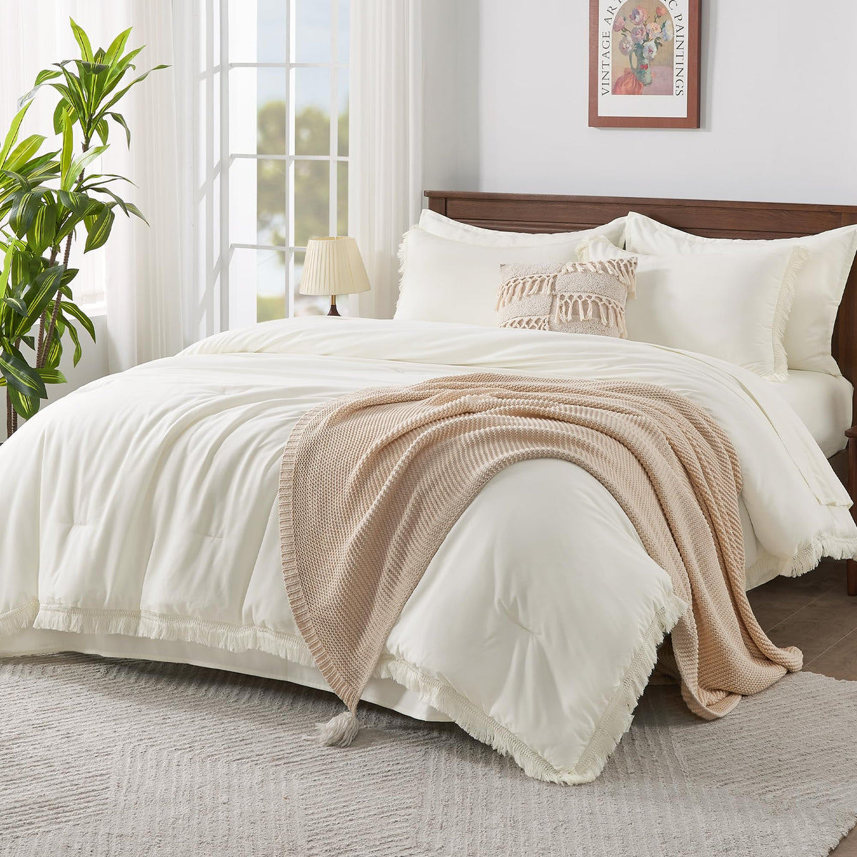 Andency California King Size Comforter Set With Sheets Ivory - 7 Pieces Cal King Bed In A Bag Boho Bedding Sets, Ivory Bed Set W