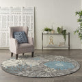 Nourison Passion Charcoal/Blue 8' X Round Area Rug, Floral, Farmhouse, Easy Cleaning, Non Shedding, Bed Room, Living Room, Dinin