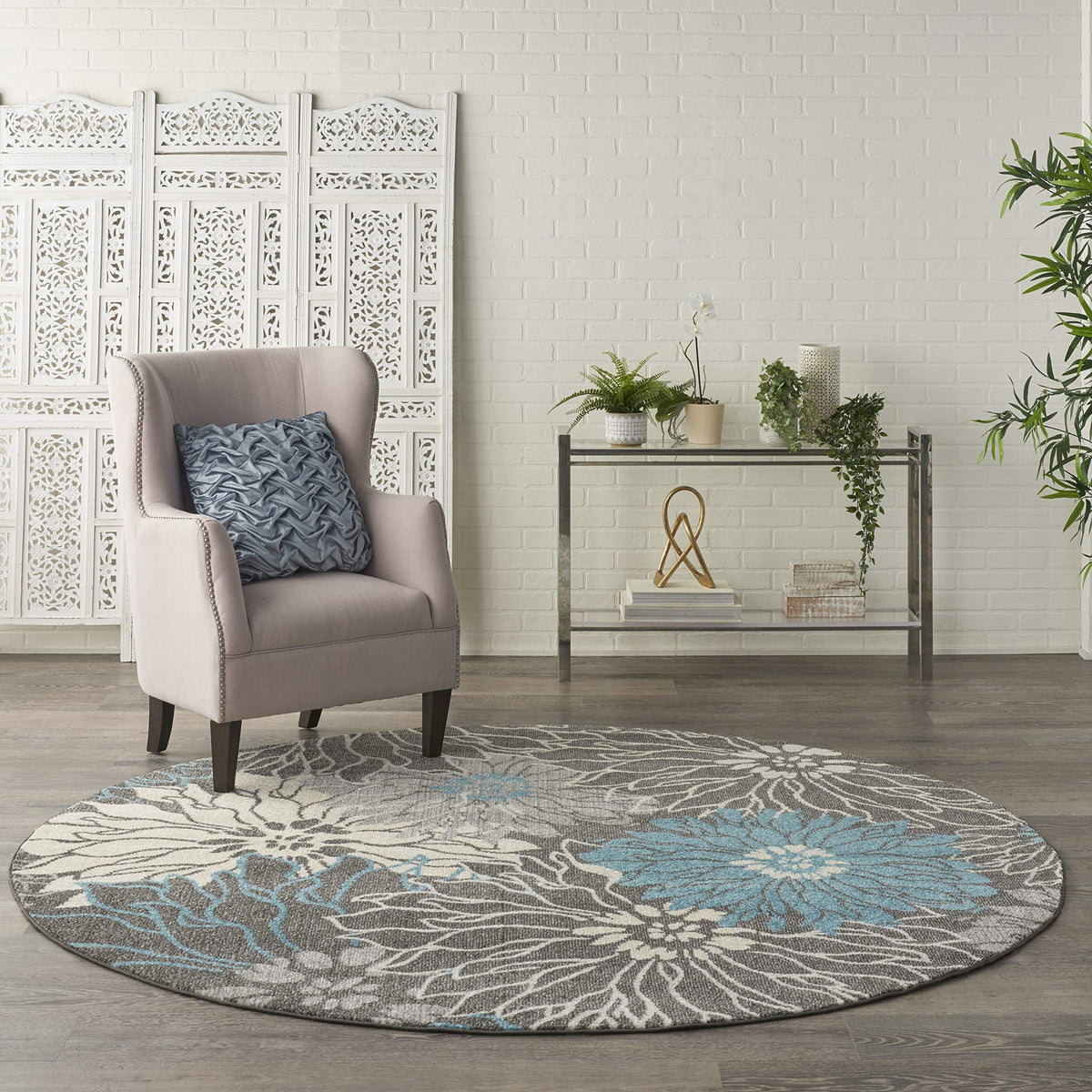 Nourison Passion Charcoal/Blue 8' X Round Area Rug, Floral, Farmhouse, Easy Cleaning, Non Shedding, Bed Room, Living Room, Dinin