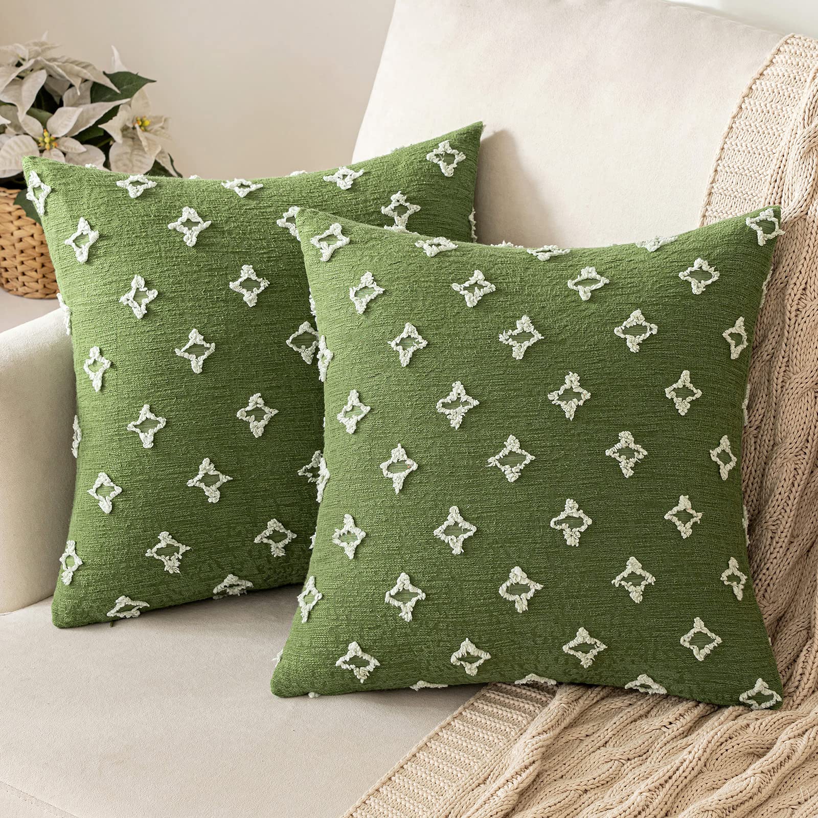 Miulee Set Of 2 Decorative Throw Pillow Covers Rhombic Jacquard Pillowcase Soft Square Cushion Case For Summer Couch Sofa Bed Bedroom Living Room, 20X20 Inch, Moss Green