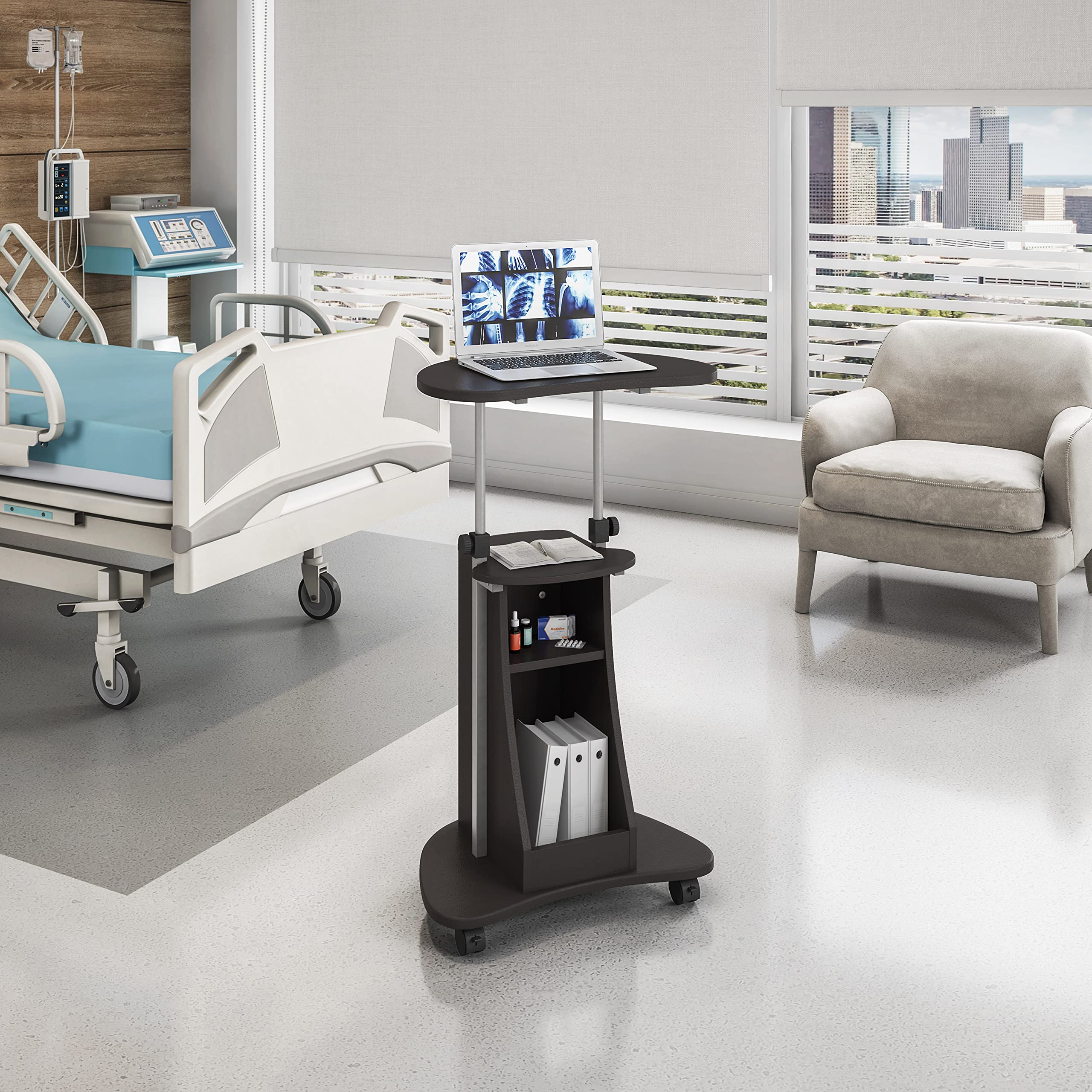 Techni Mobili Sit-To-Stand Rolling Adjustable Height Laptop Cart With Storage, Graphite, 22 X 16 X 46