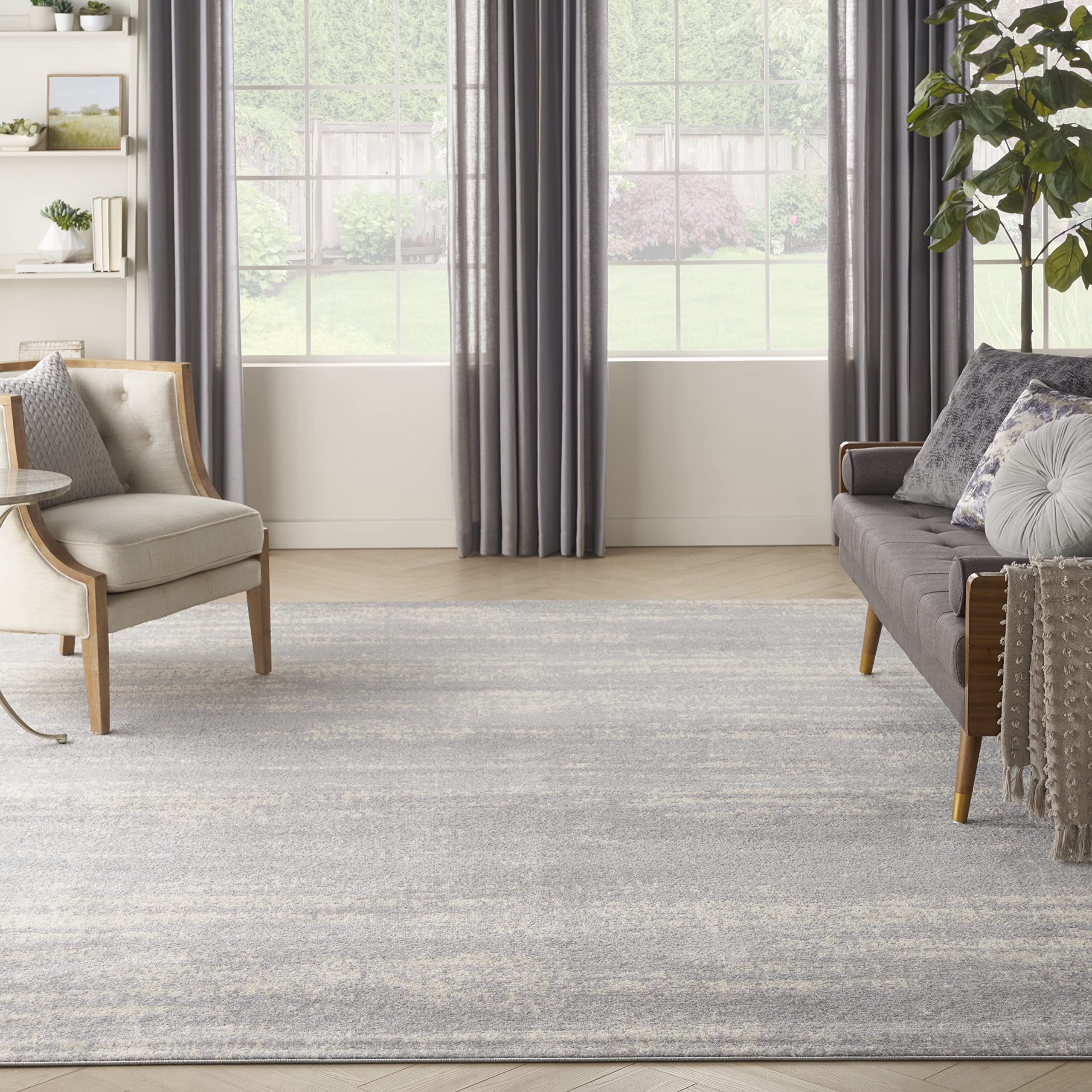 Nourison Essentials Indoor/Outdoor Solid Abstract Grey/Beige 10' X 14' Area Rug, Easy Cleaning, Non Shedding, Bed Room, Living Room, Dining Room, Backyard, Deck, Patio (10X14)