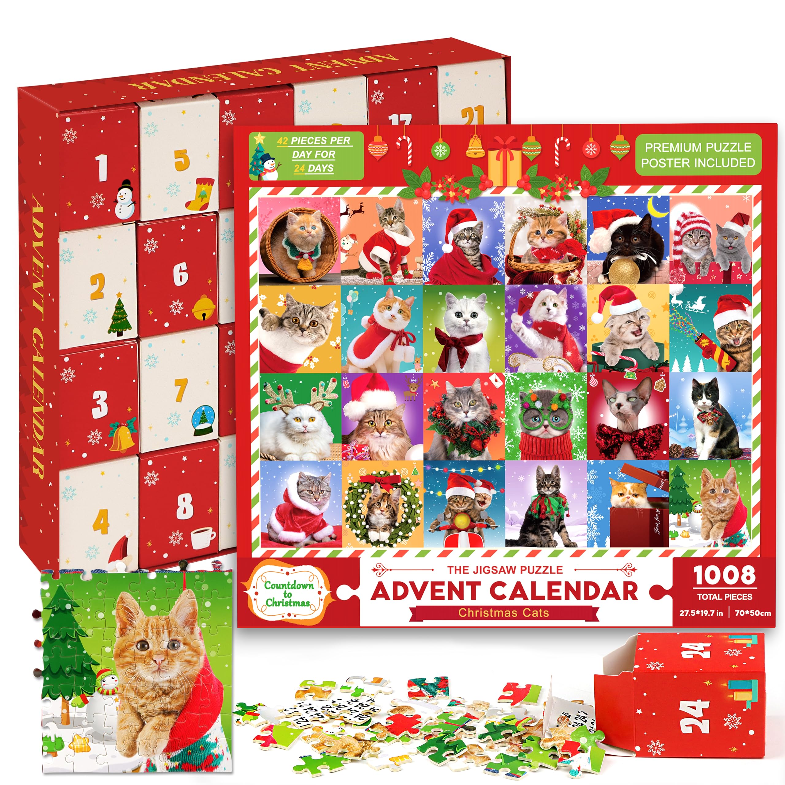 Bestbase Advent Calendar 2024 Christmas Countdown Jigsaw Puzzles - Christmas Cats, 24 Boxes with 1008 Pieces Countdown to Christ