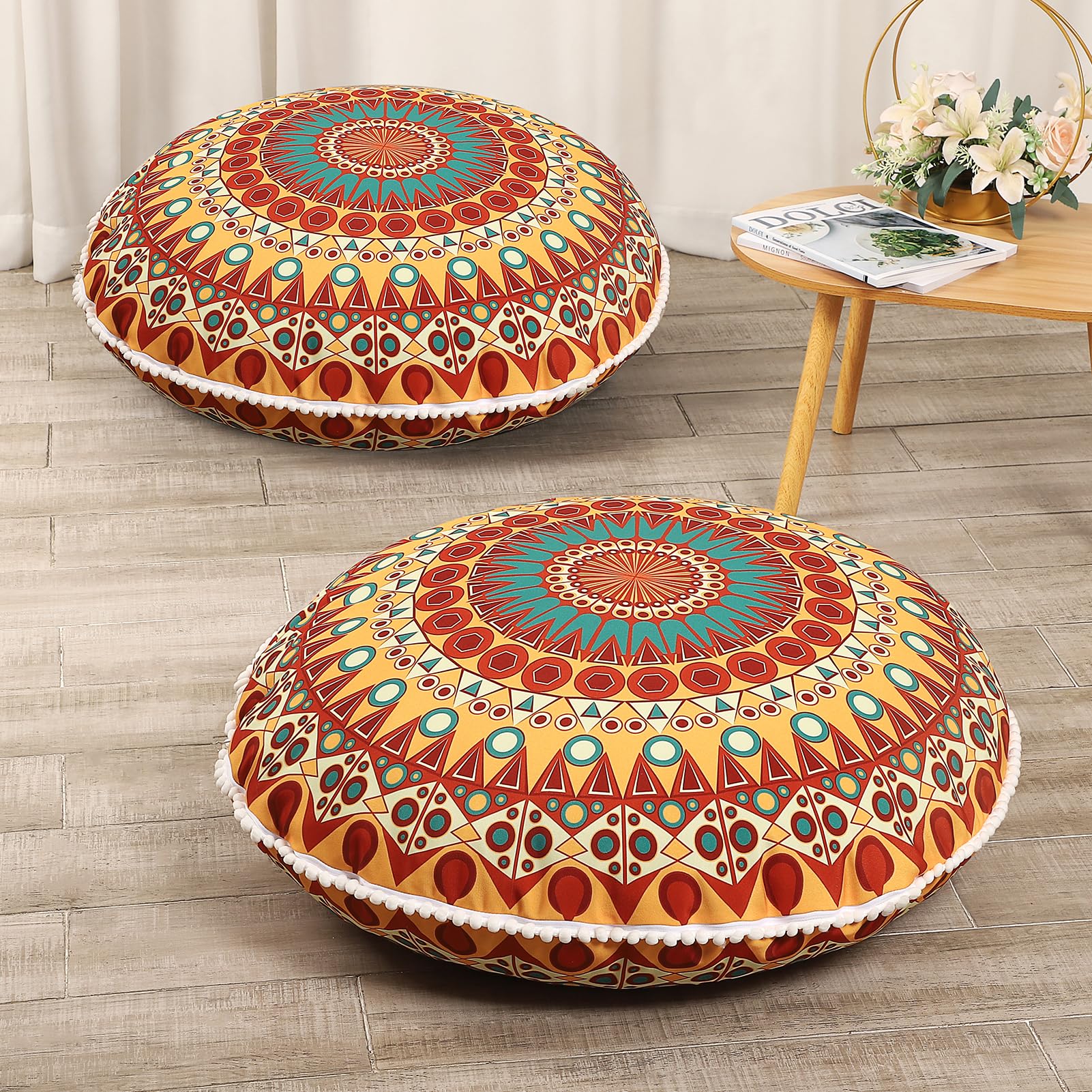 Lovmoc 32 Inches Meditation Floor Cushion For Adults, 2 Pack Round Large Thick Floor Pillow, Memory Foam Filling, Orange