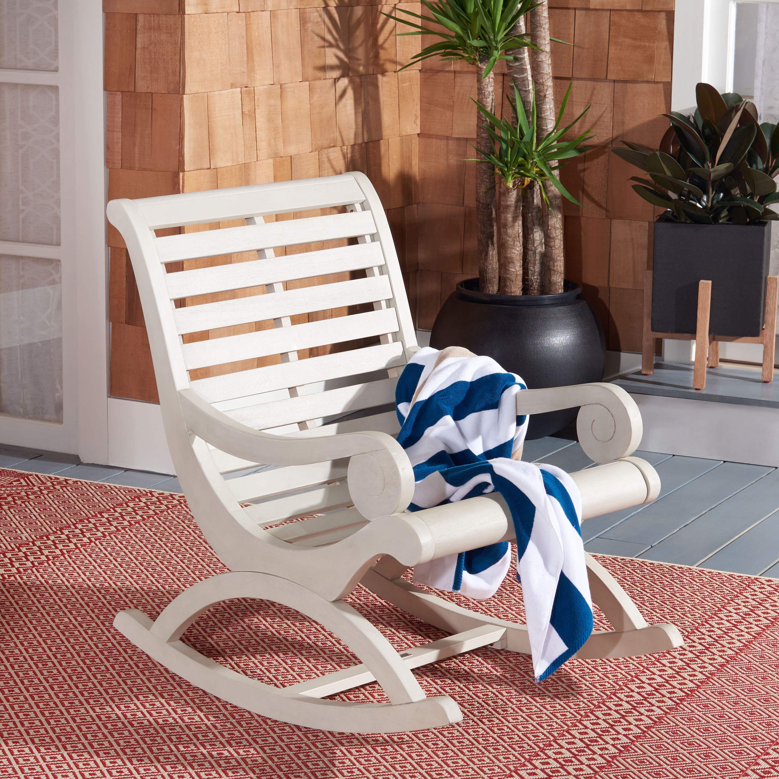Safavieh Outdoor Sonora White Eucalyptus Wood Scroll Arms Rocking Chair