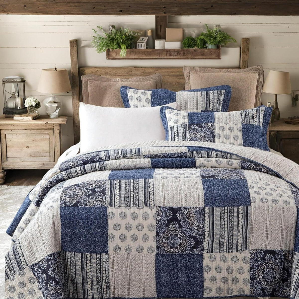 Dada Bedding Denim Blue Elegance Patchwork Floral Bedspread Set - 100% Cotton Boho Chic Lightweight Quilted Coverlet - Striped P