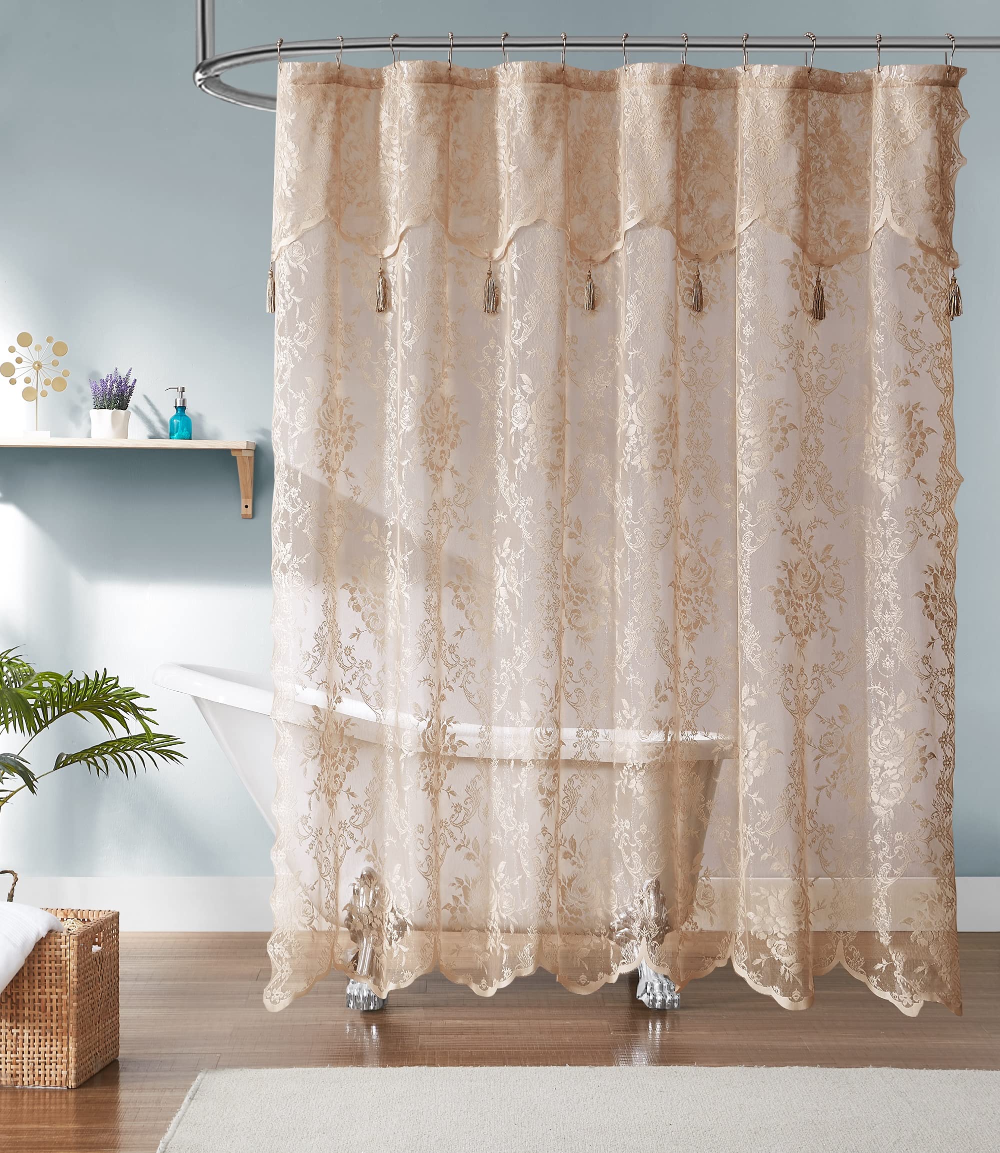 Warm Home Designs Golden Linen Lace Shower Curtain 72 x 72 with Attached Valance & 7 Tassels. Luxury Farmhouse Shower Curtains f