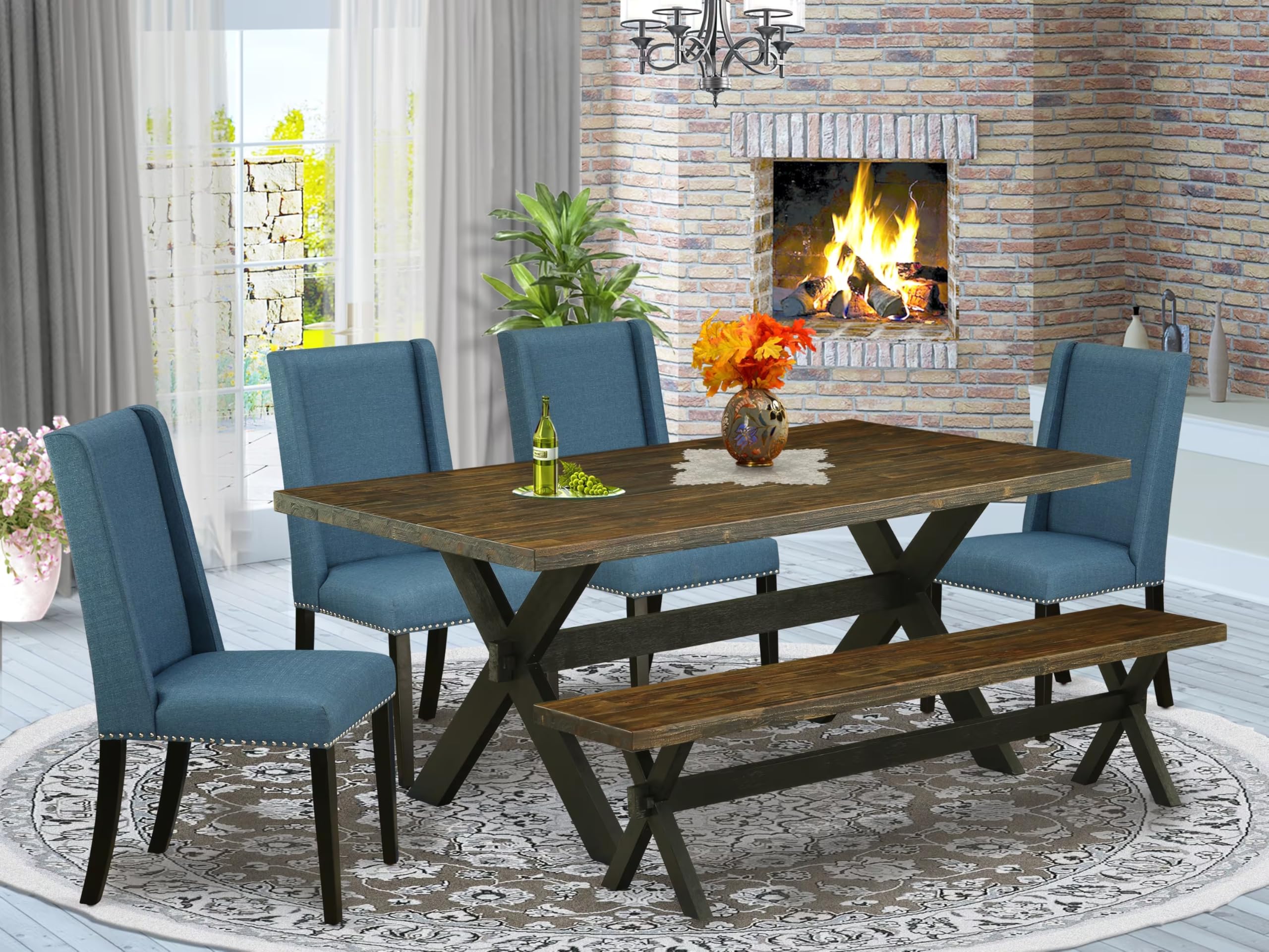 East West Furniture X677Fl121-6 6 Piece Modern Dining Table Set Contains A Rectangle Wooden Table With X-Legs And 4 Blue Linen Fabric Parson Chairs With A Bench, 40X72 Inch, Multi-Color