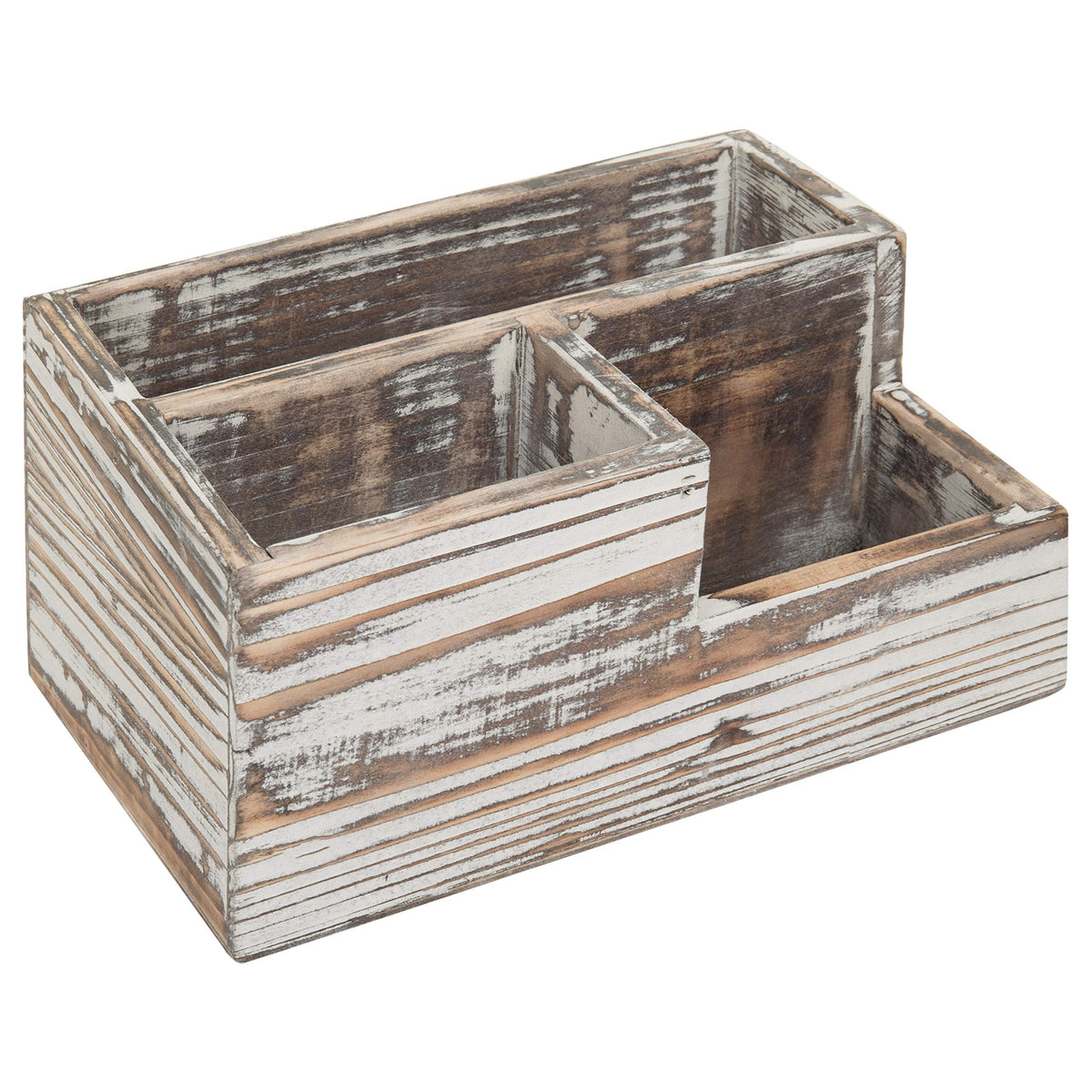 Mygift Rustic Torched Wood Desktop Office Stationery Organizer Tray With 3 Compartment, Multipuprose Caddy Remote Control And Me