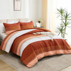 Litanika Burnt Orange King Bed Comforter Set, 3 Pieces Boho Terracotta Stripe Colorblock Bedding Comforter Set, Rust Fluffy Bed