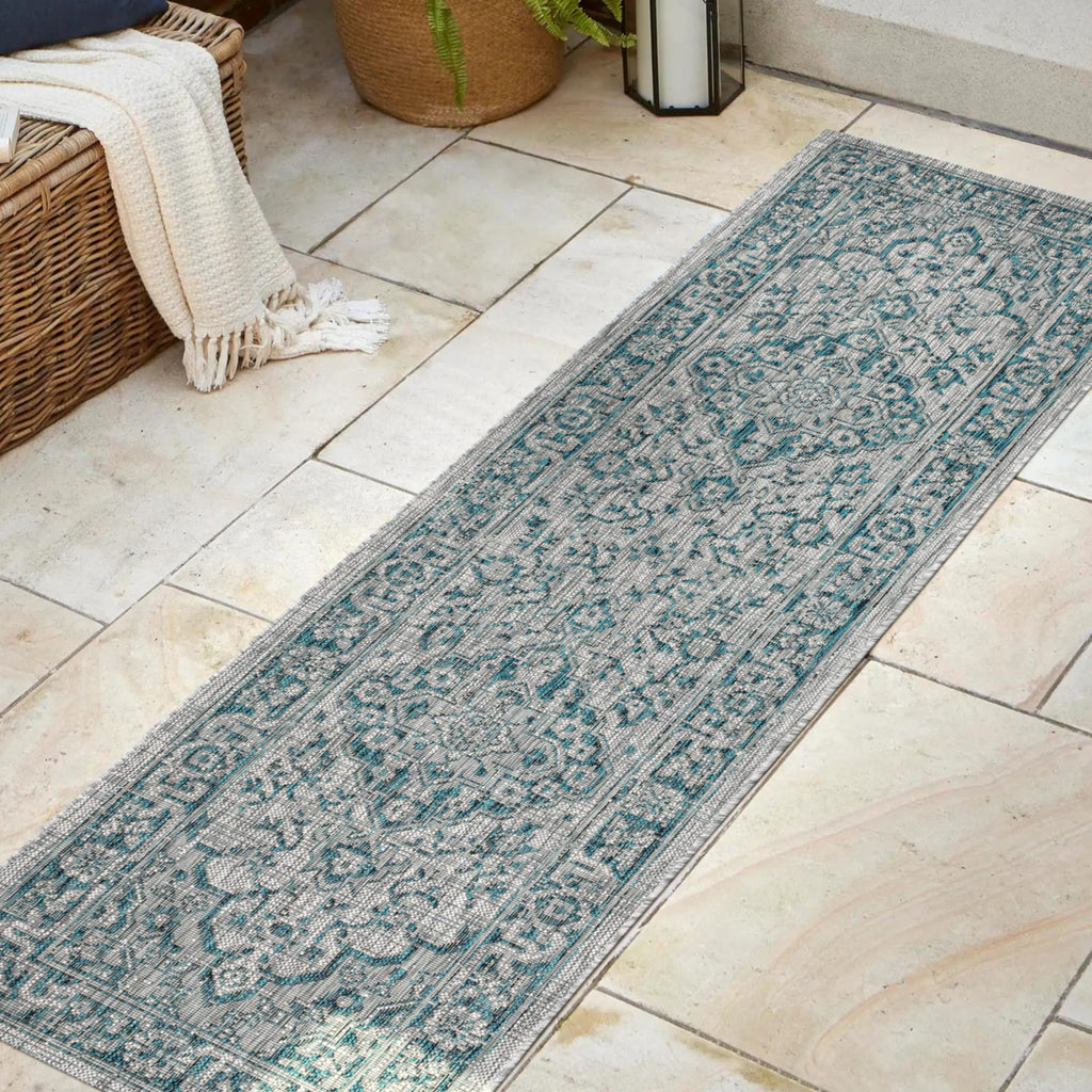 Jonathan Y Smb102C-28 Rozetta Boho Medallion Textured Weave Indoor Outdoor -Area Rug Coastal Bohemian Rustic Glam Easy-Cleaning Bedroom Kitchen Backyard Patio Non Shedding, 2 X 8, Gray/Teal