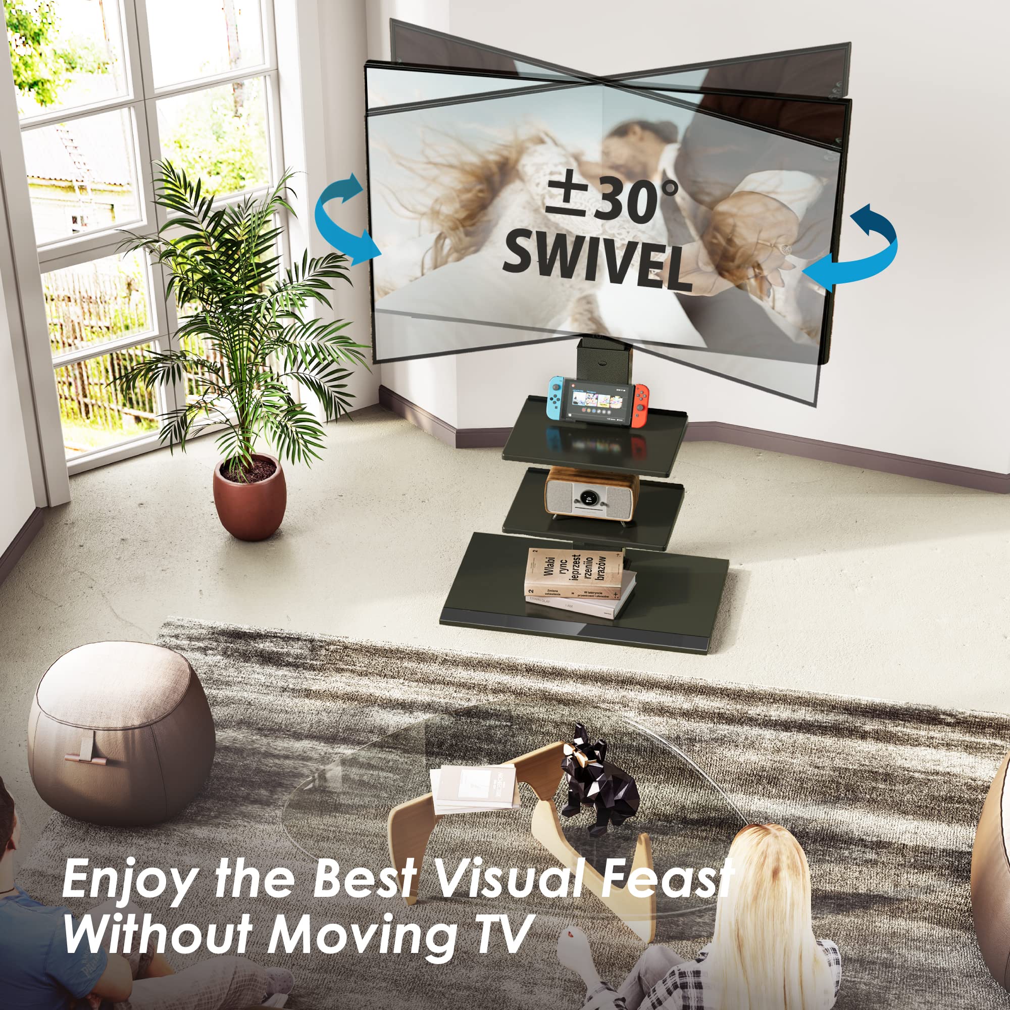 Fitueyes Iron Base Universal Floor Tv Stand Swivel Tilt Mount Tv Stand Base For 32-75 Inch Tvs Corner Tv Stand With Height Adjustable Entertainment Shelves Wire Management (Black)