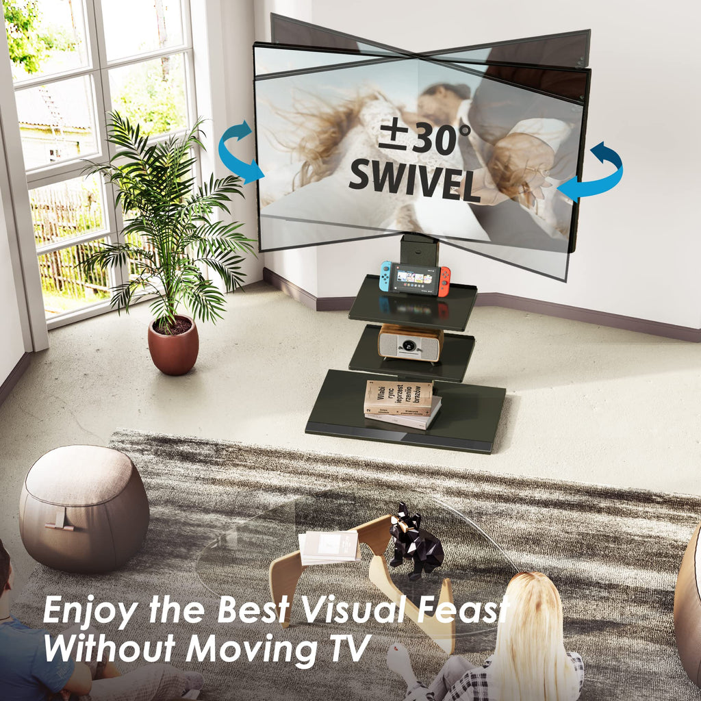 Fitueyes Iron Base Universal Floor Tv Stand Swivel Tilt Mount Tv Stand Base For 32-75 Inch Tvs Corner Tv Stand With Height Adjustable Entertainment Shelves Wire Management (Black)