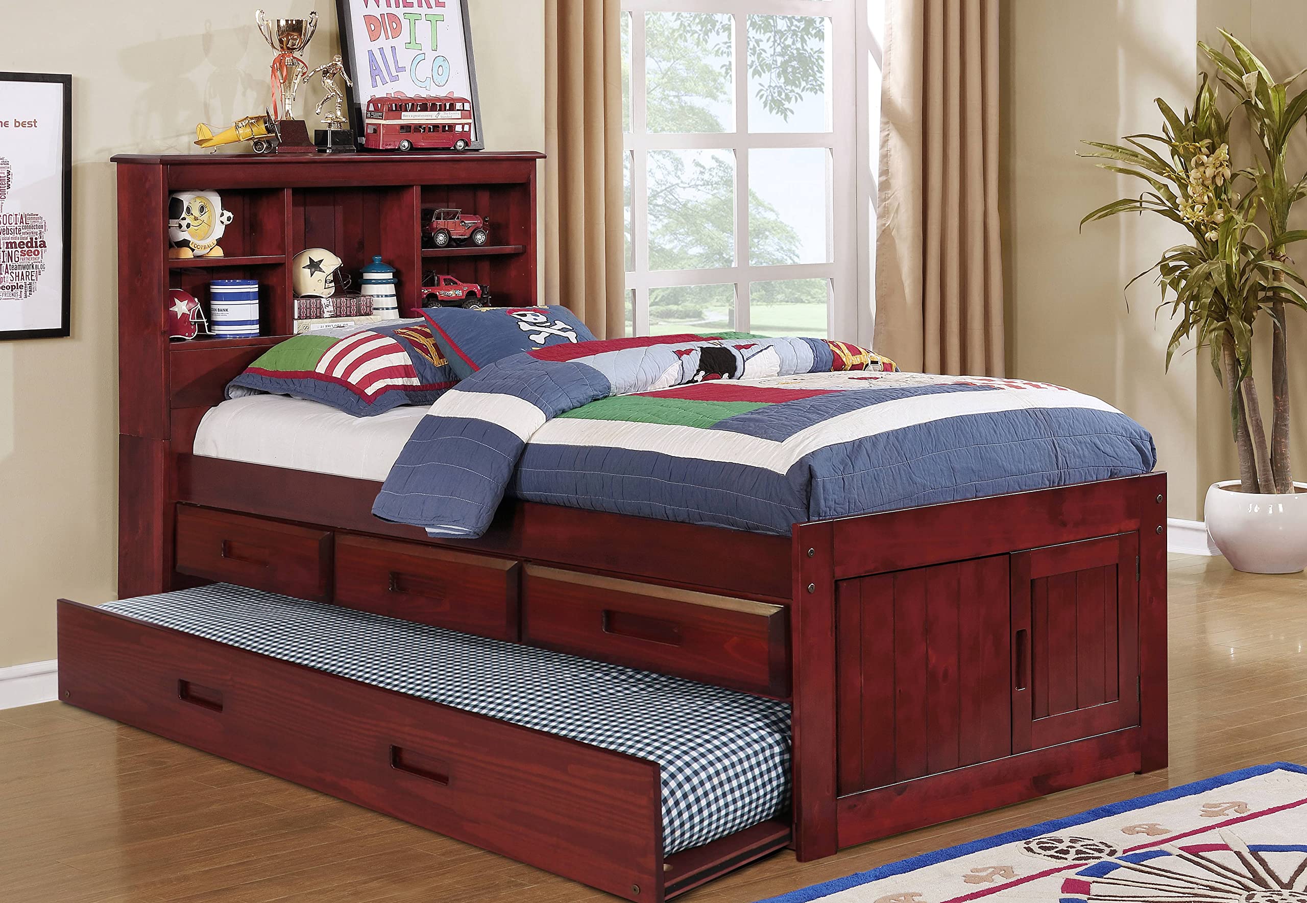 OS Home and Office Furniture Model 82820K3-22 Solid Pine Twin Captains Bookcase Bed with 3 Drawers and a Twin Sized Trundle in Rich Merlot