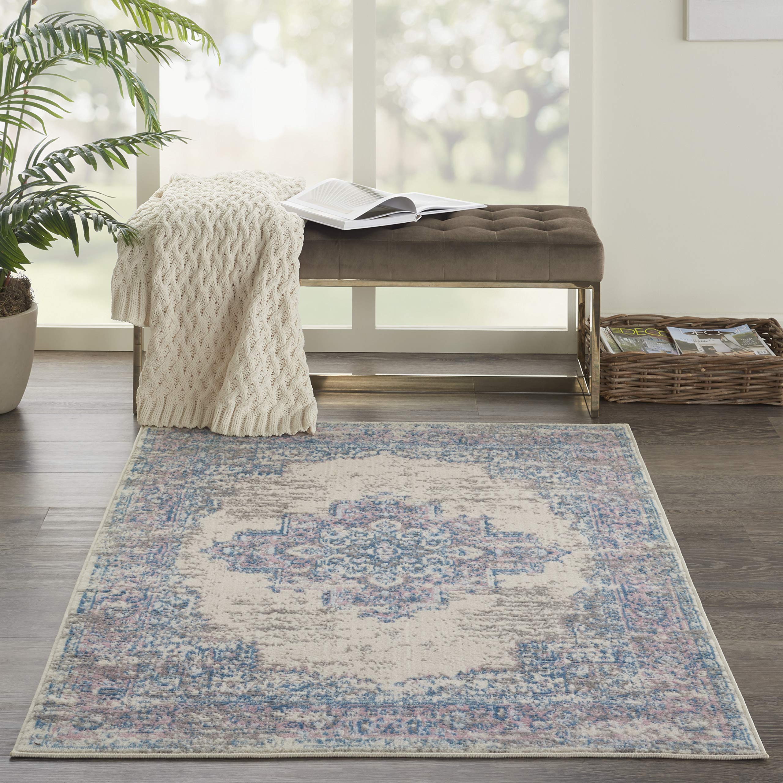 Nourison Grafix Ivory/Pink 3 x 5 Area Rug Easy Clean, Non Shedding, Bed Room, Living Room, Dining Room, Kitchen (3 x 5)