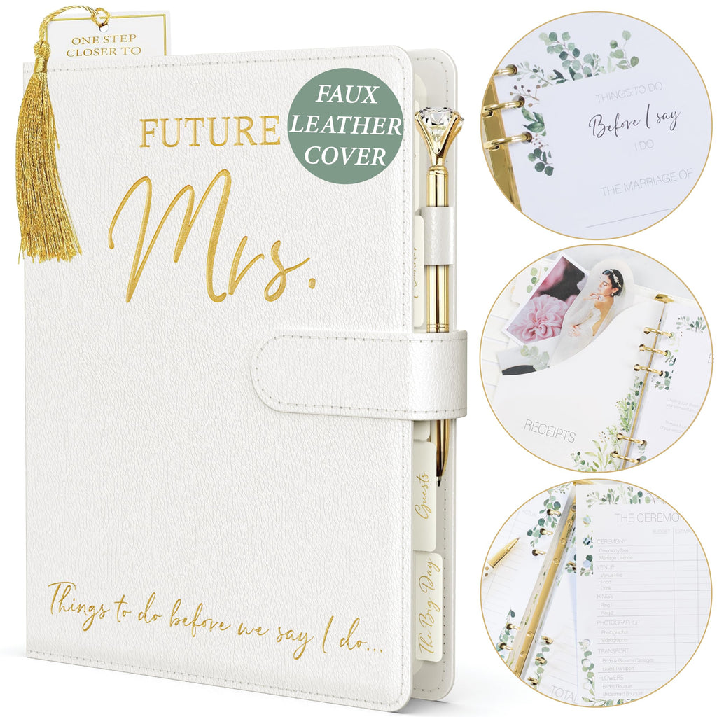 Wedding Planner Book And Organizer For The Bride -Faux Leather, Gold Foil 'Future Mrs' Wedding Binder I Includes Pen, Bookmark &