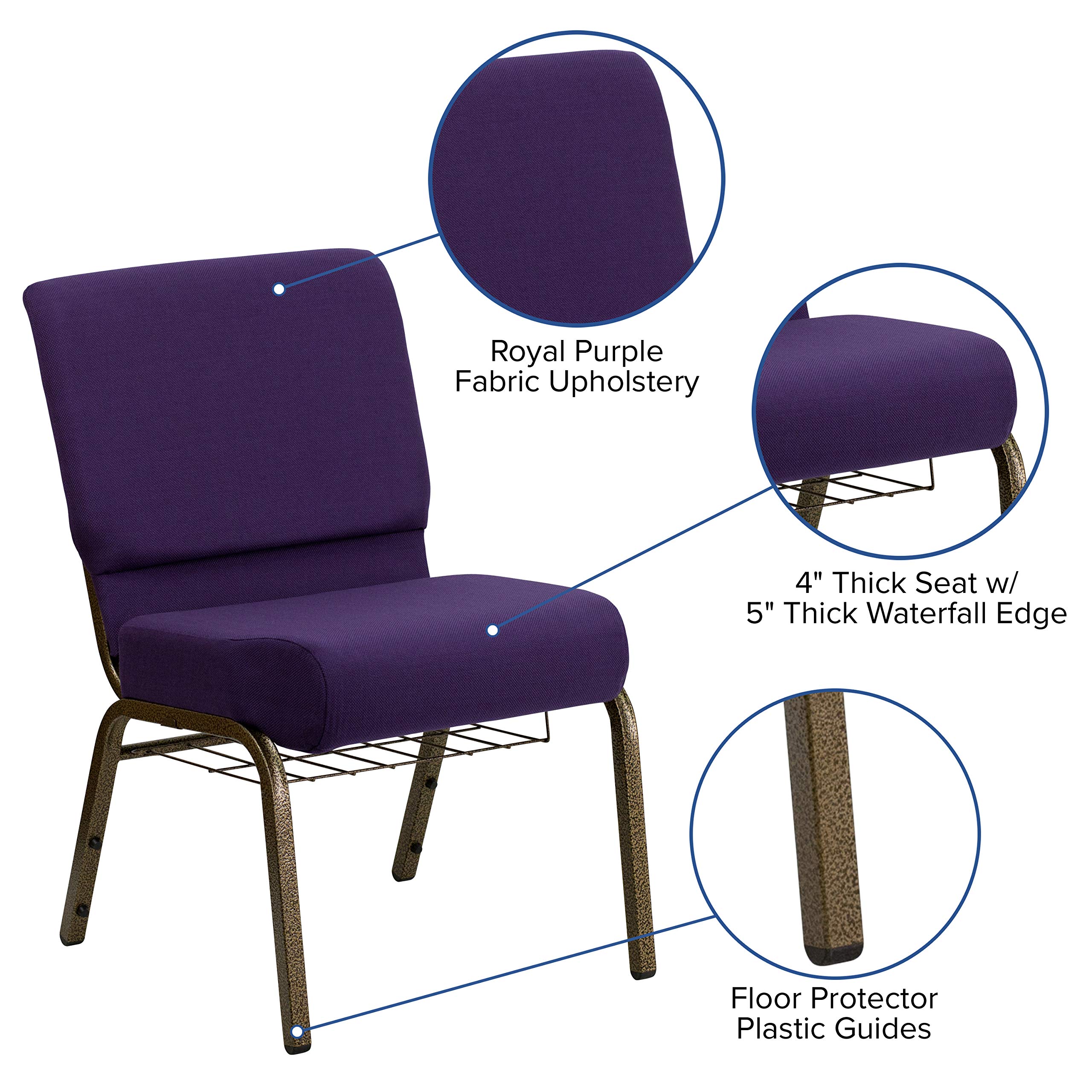Flash Furniture HERCULES Series 21''W Church Chair in Royal Purple Fabric with Cup Book Rack - Gold Vein Frame