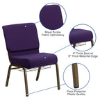 Flash Furniture HERCULES Series 21''W Church Chair in Royal Purple Fabric with Cup Book Rack - Gold Vein Frame