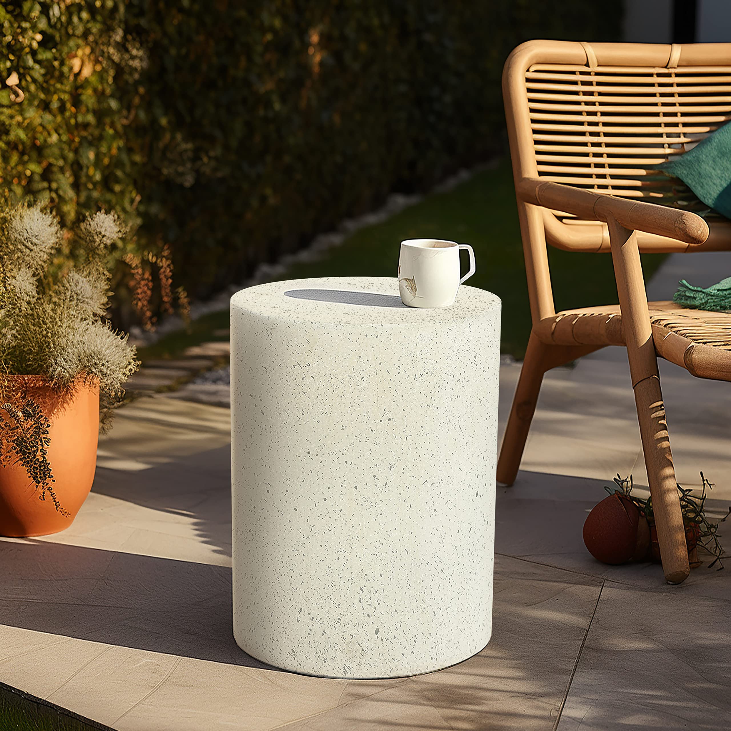 Luxenhome Outdoor Side Table, 18 Inch Cement Outdoor End Tables For Patio, Garden Accent Table, Modern Small Round Side Table For Outside, Tree Stump Garden Stool Drum Table Indoor And Outdoor