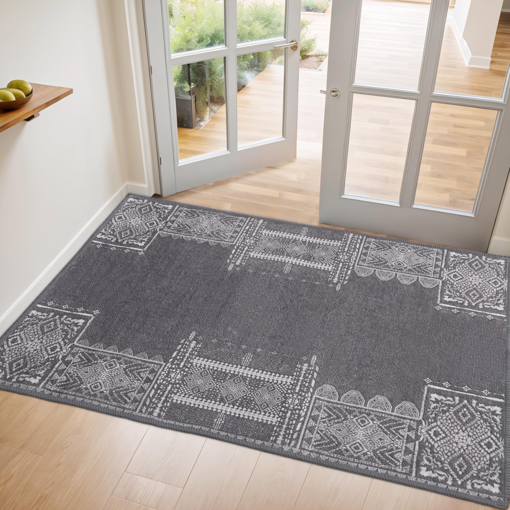 NICETOWN Grey Entryway Rug 2x3 Small Rugs for 2x3 Washable Vintage Area Rug - Boho Non-Slip Entryway Rug Living Room Rug Entranc