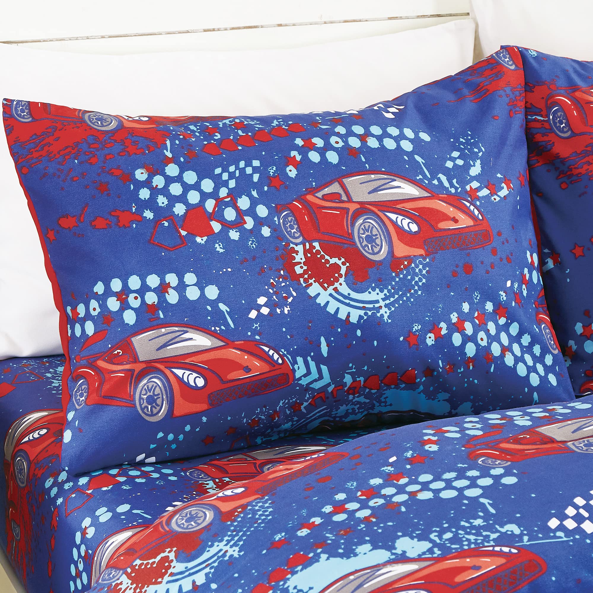 Red Race Cars Print Comforter Set For Boys Girls Teen, Full Size Bedding For Race Car Fan, Include Comforter Fitted Sheet, Pillo