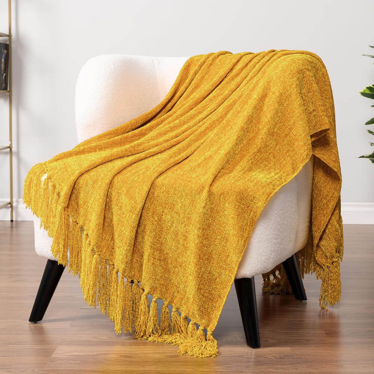 Pavilia Mustard Yellow Throw Blanket For Couch, Chenille Blanket For Sofa Bed, Soft Knit Woven Gold Blanket With Tassel, Decorat