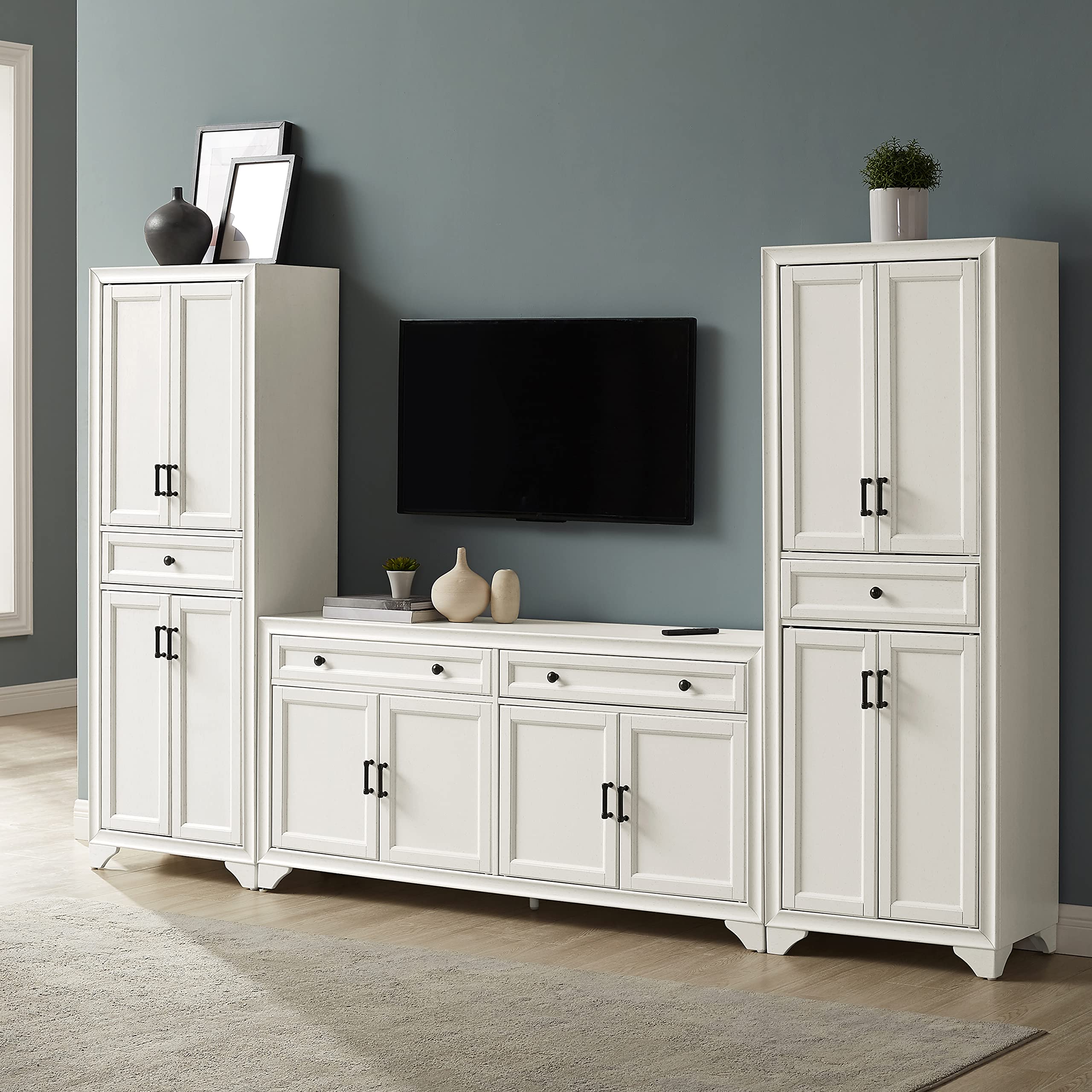 Crosley Furniture Tara 3-Piece Entertainment Center with TV Stand, Storage Cabinets, and Adjustable Shelves, Distressed White