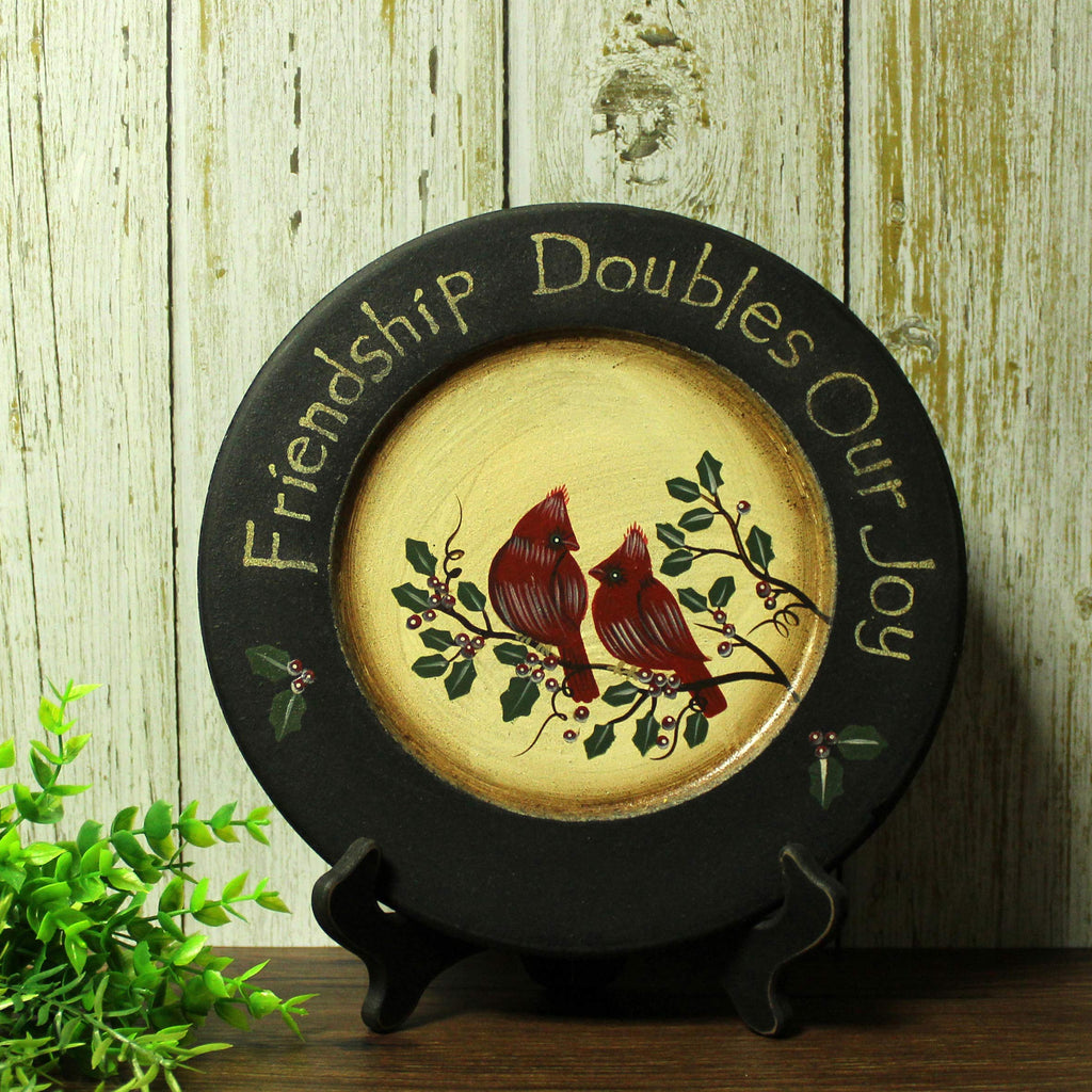 Cvhomedeco. Primitives Hand Painted Red Birds Decorative Plate Rustic Round Display Wooden Plate Home D  Cor Art, 9-3/4 Inch
