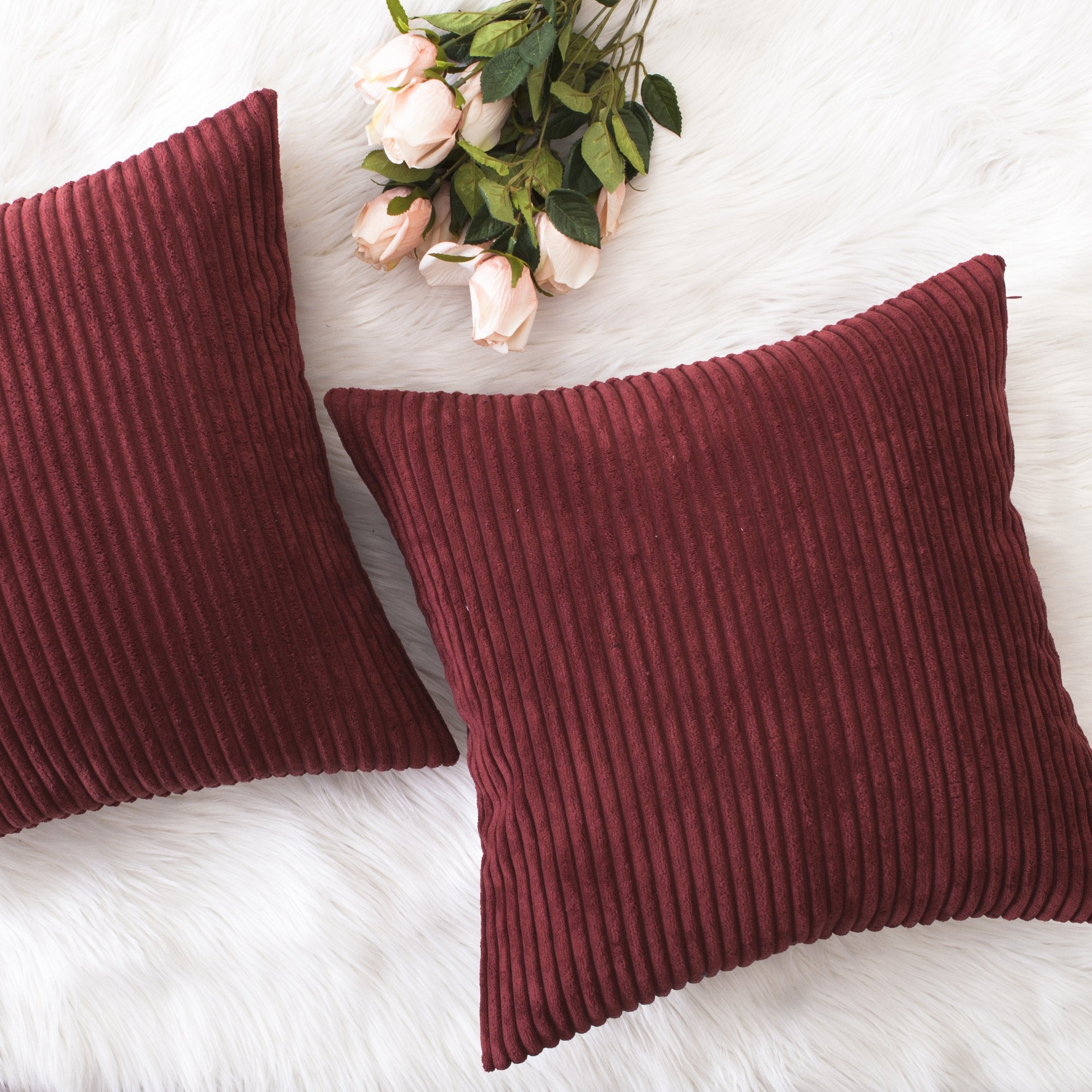 Home Brilliant Pillow Covers 18X18 Decorative Throw Pillows For Couch Dark Red Soft Plush Corduroy Striped Throw Pillow Covers S