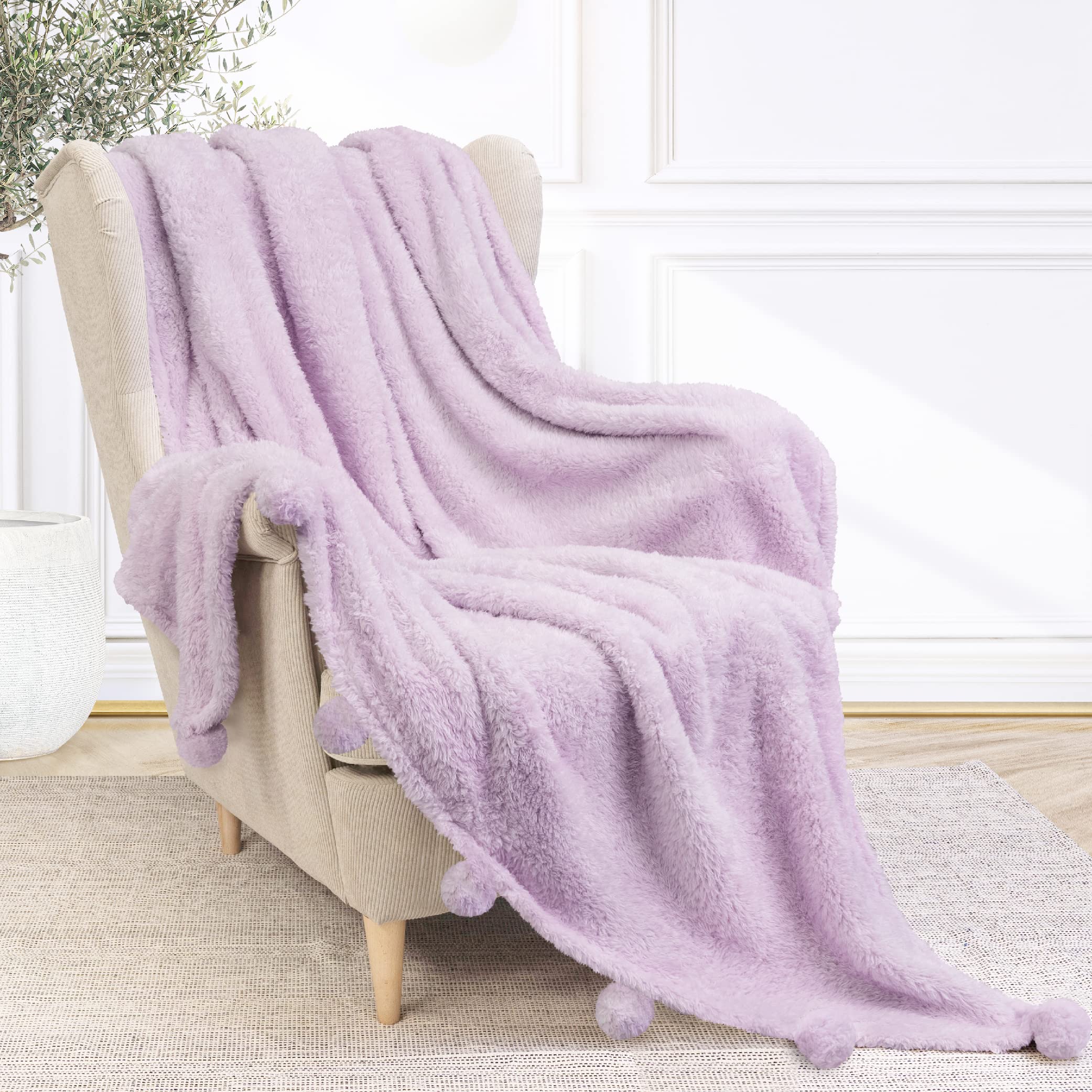 Pavilia Lavender Purple Lilac Sherpa Throw Blanket With Soft Pom Pom Fringe, Plush Cozy Warm Blankets For Couch Bed Sofa, Fuzzy